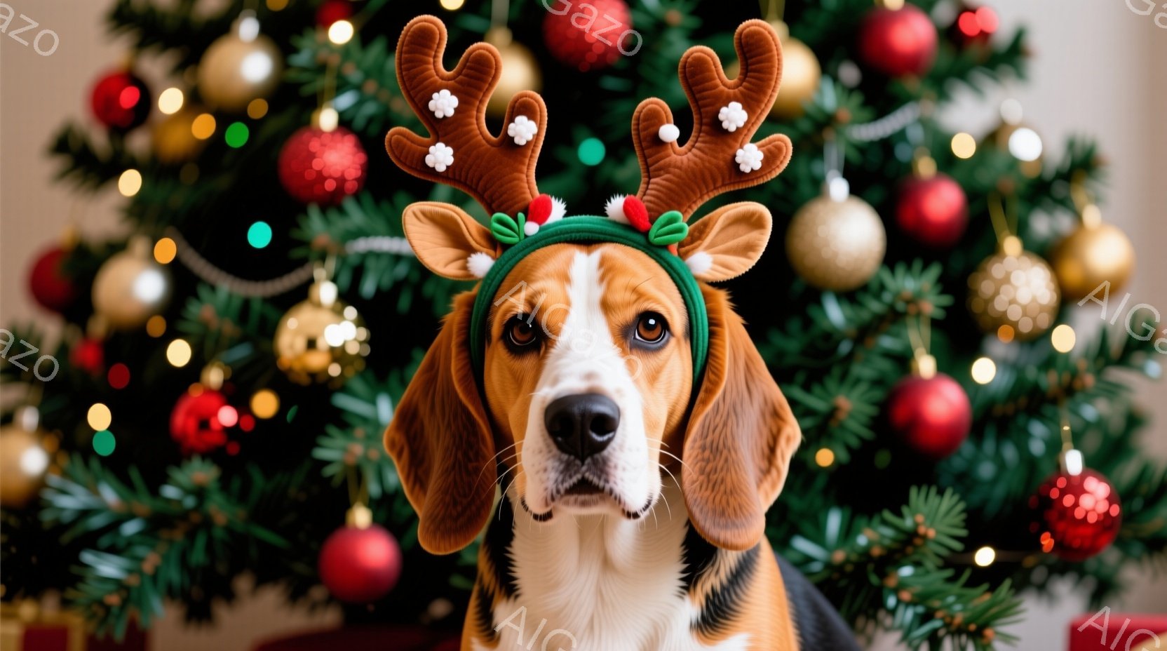 クリスマスの飾り付けられたクリスマスツリーを背景に、ビーグル犬が頭にトナカイの角のヘッドバンドをつけて正面を見ている様子を捉えています。犬は茶色と白の毛並みで、耳は垂れ下がっており、表情は穏やかで、カ - AI生成フリー素材