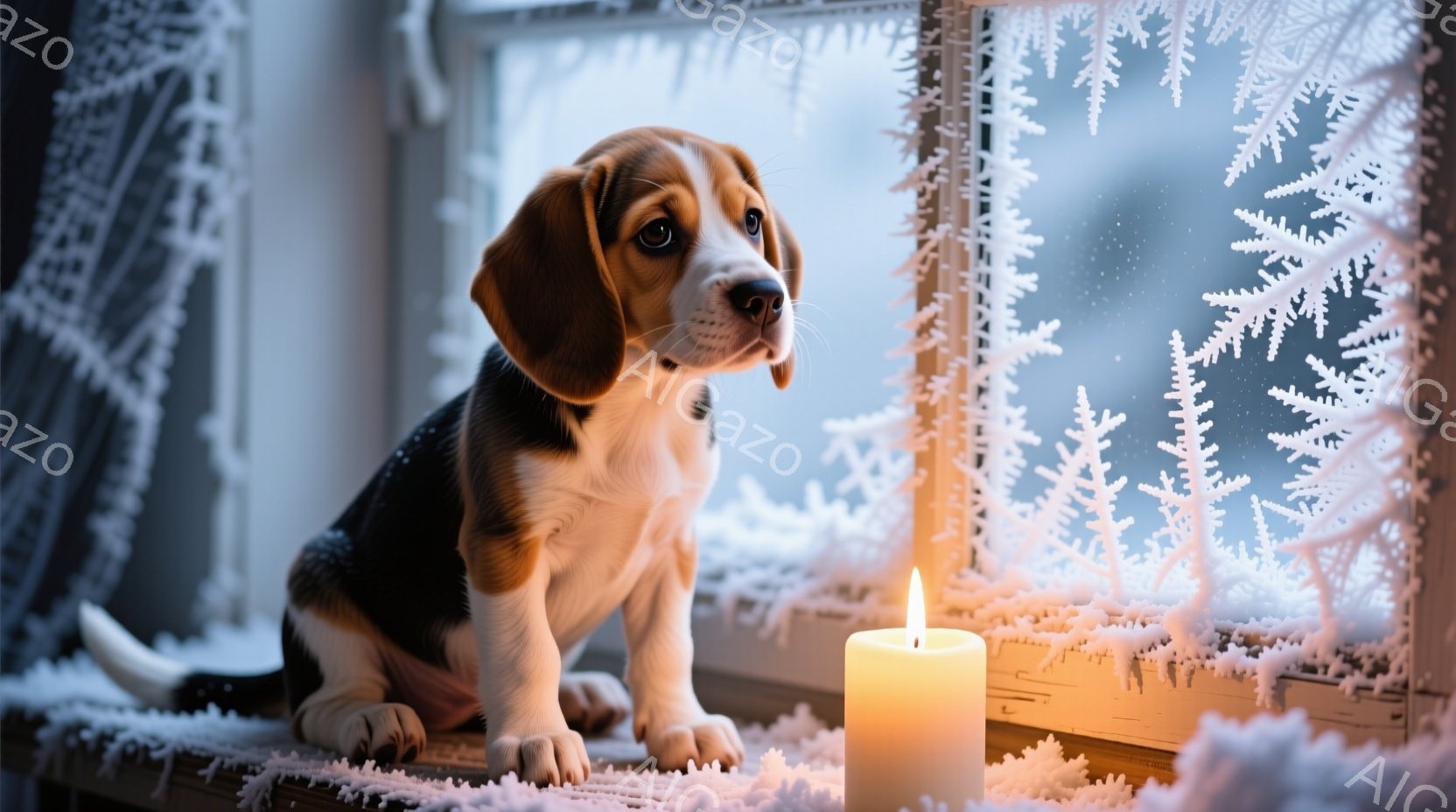 小さなビーグル犬が窓辺に座り、外の雪景色を眺めている。窓枠には白い霜模様が描かれ、暖炉のロウソクが穏やかに灯っていることで、冬の静寂と温かさを感じさせる。犬は少し憂いを帯びた表情で、まるで雪の降る景色 - AI生成フリー素材