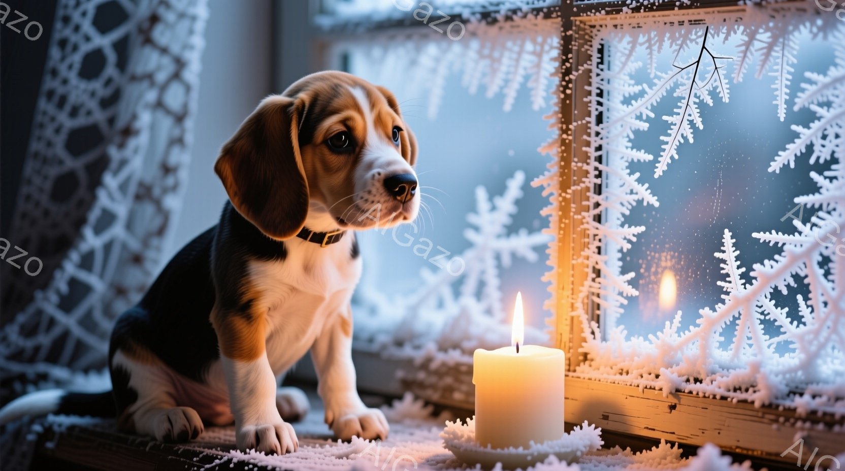 小さなビーグル犬が雪の積もった窓辺に座り、暖かく光るキャンドルを見つめている。窓には繊細な雪の結晶模様が描かれており、背景にはぼやけた冬の風景が見える。全体的に穏やかで温かい、冬の静寂を表現した雰囲気である。