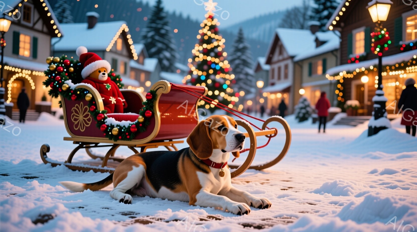 白い雪に覆われた町並みを背景に、ビーグル犬が赤いそりに寄り添って横たわっています。そりにはテディベアが座っており、犬はリラックスした様子で前方を向いています。背景にはクリスマスツリーが輝き、建物は装飾 - AI生成フリー素材