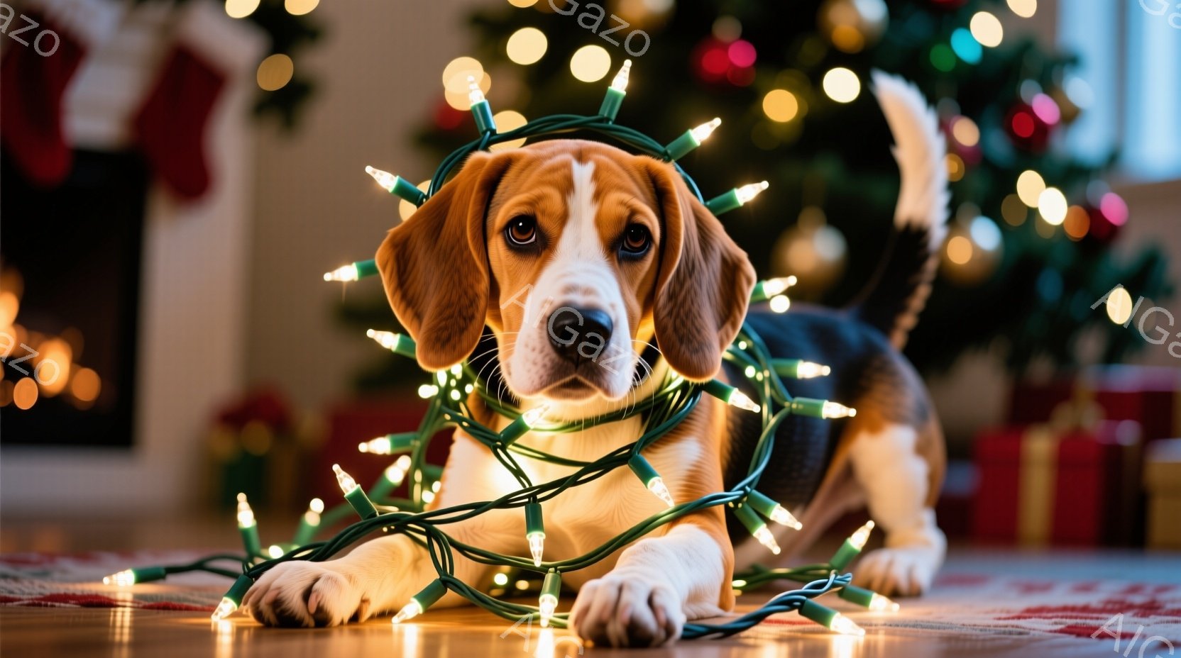 ビーグル犬がクリスマスツリーのイルミネーションライトにからまりながら横たわっています。その表情は少し困惑しているようですが、どこかユーモラスで可愛らしいです。背景にはクリスマスツリーやプレゼントボック - AI生成フリー素材