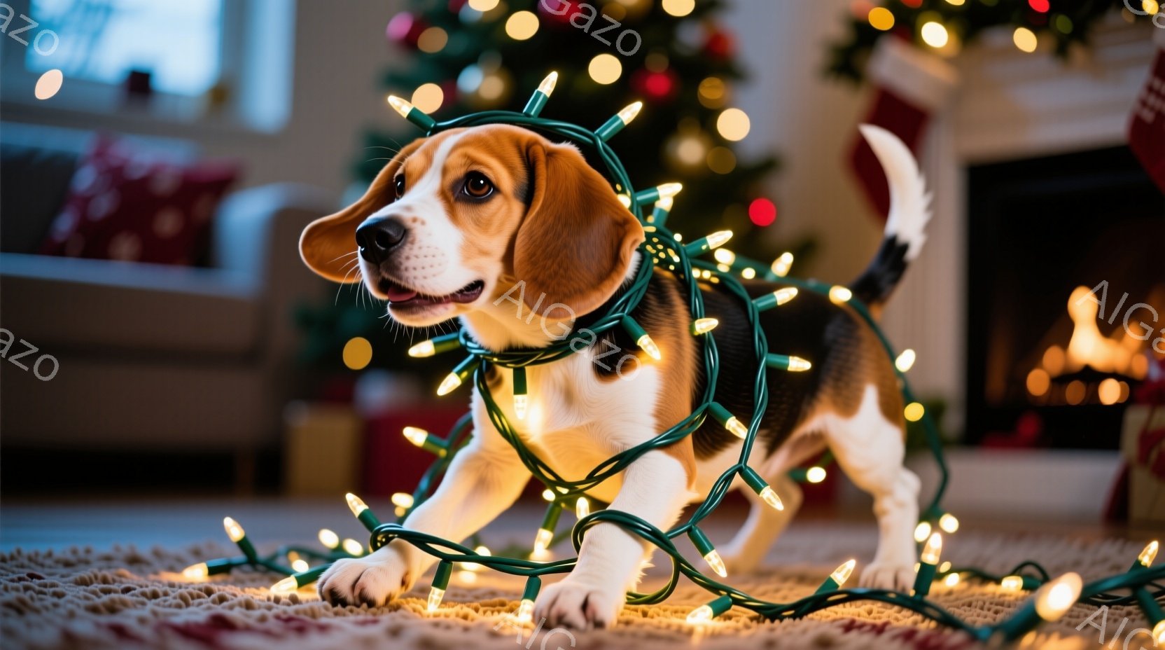 白と茶色のビーグル犬が、キラキラ光る緑色のクリスマスライトに絡まっている様子が写っています。犬は床に横たわり、少し戸惑った表情でカメラを見ており、クリスマスの飾り付けを楽しんでいるようです。背景にはク - AI生成フリー素材
