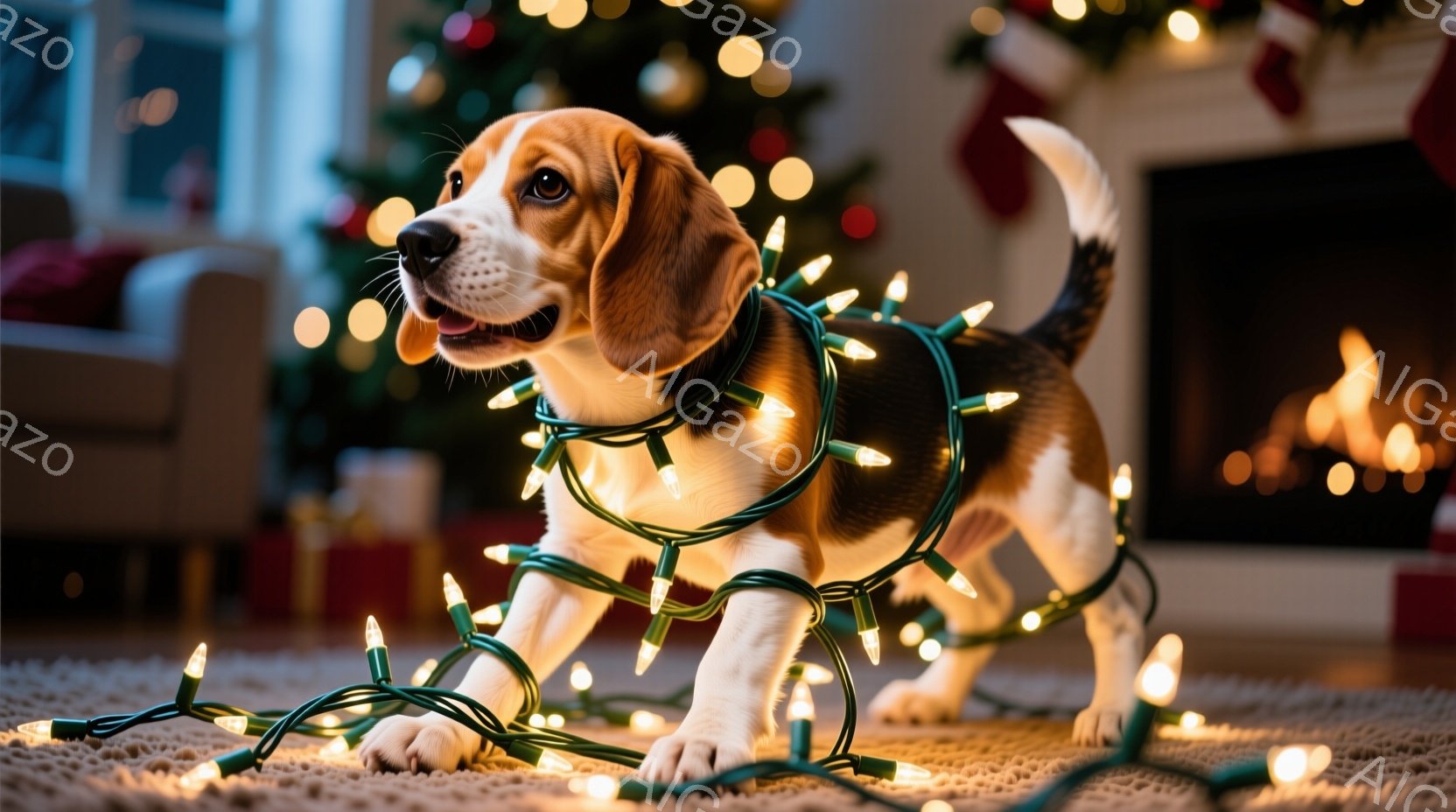 暖炉のあるリビングで、クリスマスのイルミネーションのライトにぐるぐる巻きにされた子犬が写っています。明るい色の毛並みで、少し困ったような表情を浮かべながらも、好奇心旺盛な視線で正面を見ています。背景に - AI生成フリー素材