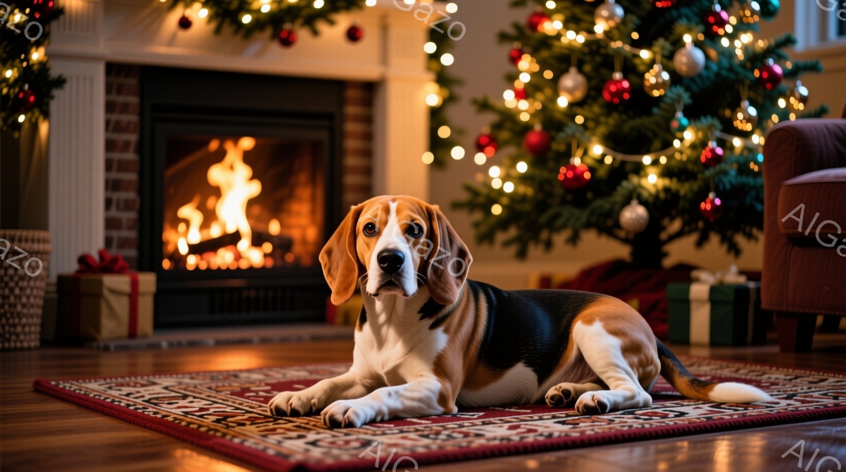 温かい光に包まれた室内で、ビーグル犬が赤い絨毯の上でリラックスして横たわっています。背景には、クリスマスツリーが飾られ、暖炉の火が灯り、プレゼントの箱が置かれています。全体的に、暖かく、平和で、お祝い - AI生成フリー素材