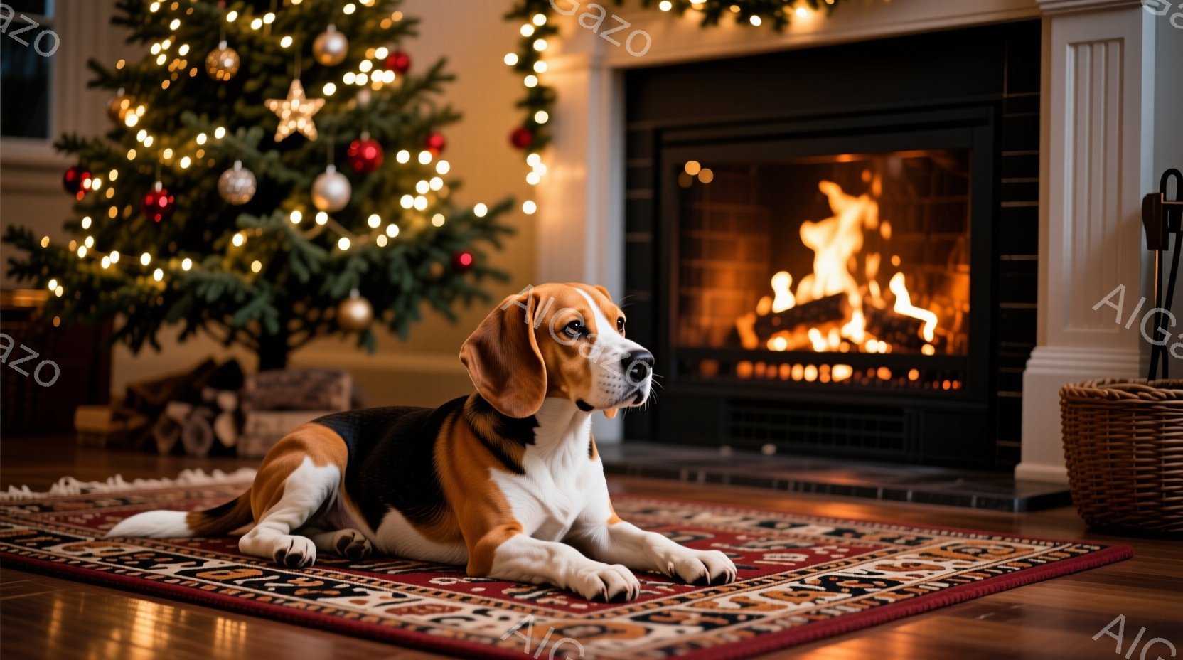 暖炉とクリスマスツリーのある居間に、ビーグル犬が敷かれた絨毯の上で横たわっています。犬は正面を見つめ、リラックスした表情をしています。背景には点灯したクリスマスツリーがあり、暖炉の炎が温かい雰囲気を醸 - AI生成フリー素材