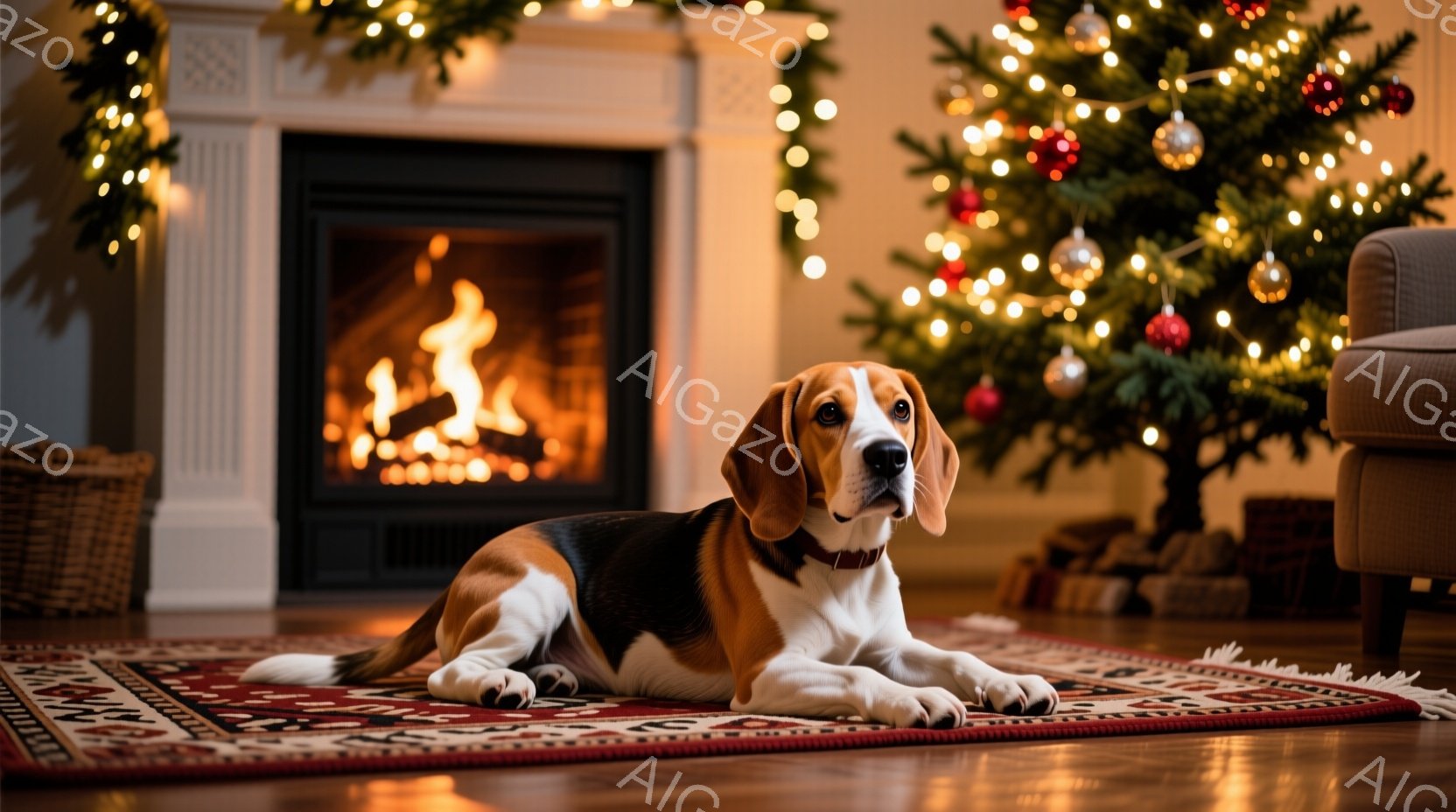 暖炉の前でビーグル犬がリラックスして横たわっています。犬は茶色と白の毛並みで、首輪をしています。背景にはクリスマスツリーが飾られ、プレゼントボックスが見え、暖炉の火が暖かく照らしています。 - AI生成フリー素材