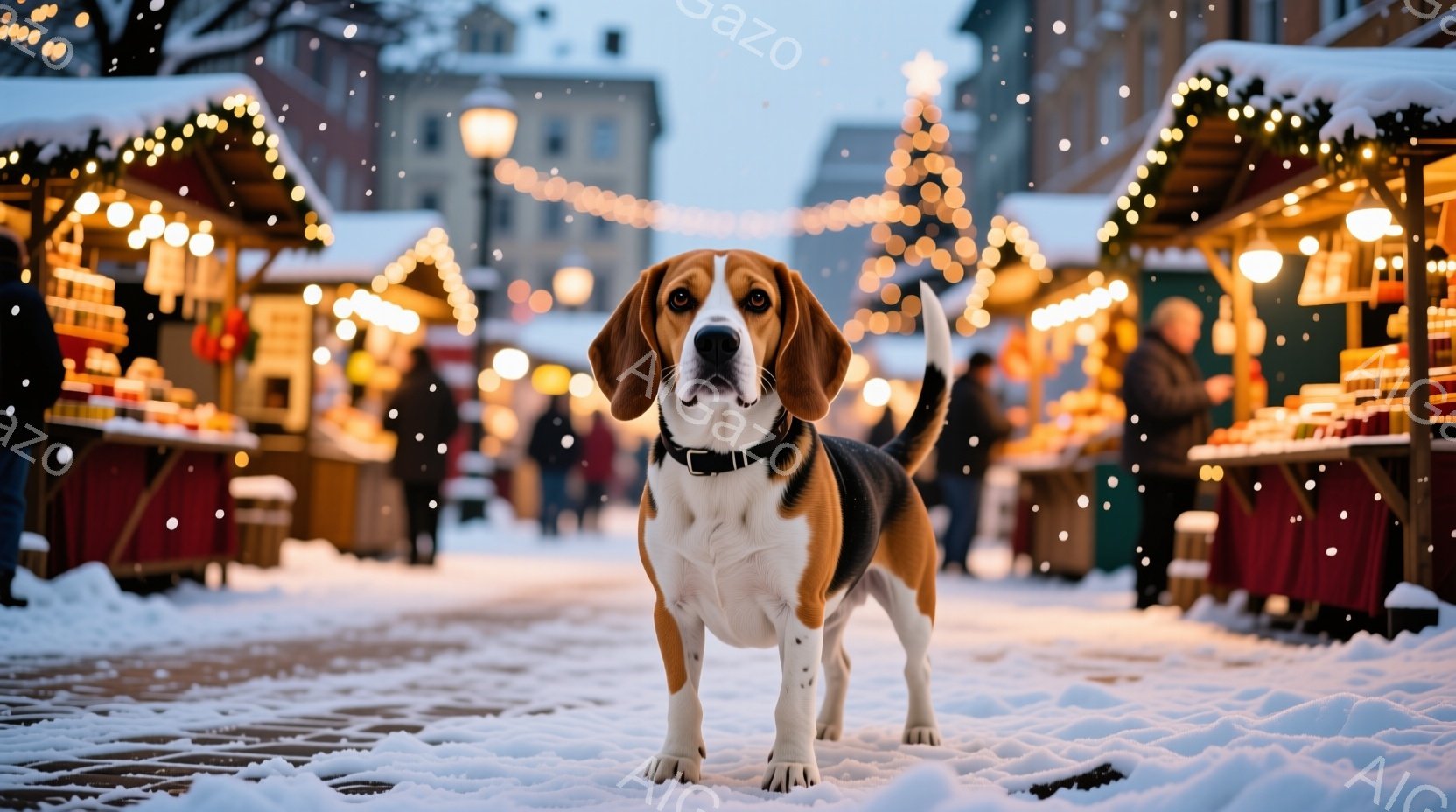 白と茶色のビーグル犬が、雪で覆われた石畳の通りの中央に立っている。背景にはクリスマスマーケットのような賑やかな光景が広がり、木製の屋台が並び、人々の姿も見られる。雪がちらつき、暖かな光が照らし出すことで、冬の温かく、お祭り気分な雰囲気が漂っている。