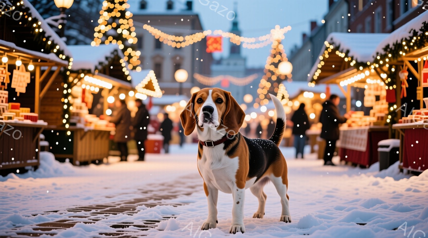 白い雪に覆われた石畳の道に、ビーグル犬が立っている。犬は茶色と白の毛並みで、首輪をつけている。背景にはクリスマスのイルミネーションが輝き、マーケットの屋台が並び、冬の華やかな雰囲気を醸し出している。 - AI生成フリー素材
