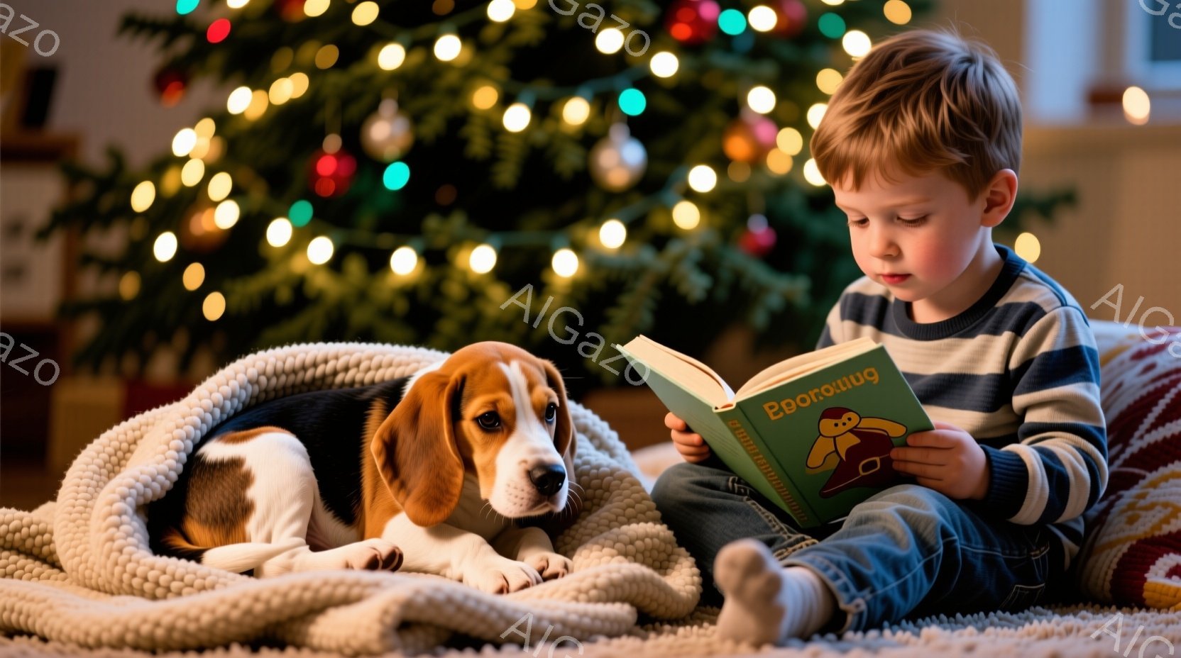少年はカーペットの上に座って絵本を読んでおり、そばにはビーグル犬が横たわっています。少年はジーンズと長袖のシャツを着ており、金髪を短く切っています。背景にはクリスマスツリーが飾られており、暖かく居心地の良い雰囲気が漂っています。