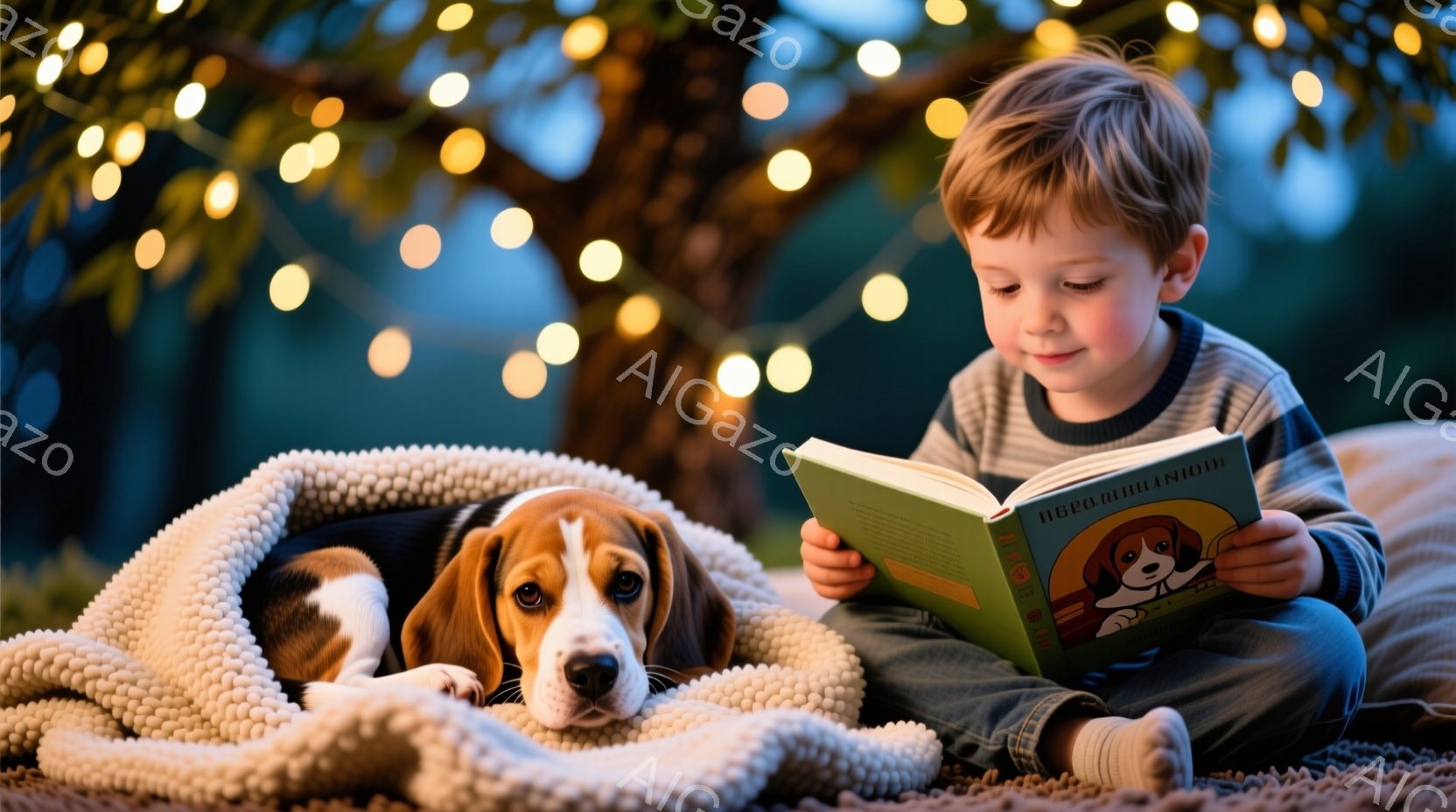 男の子は、緑色のズボンとグレーのセーターを着て、地面に座って本を読んでいます。彼の隣には、毛布にくるまってリラックスした表情をしている子犬がいます。背景にはぼやけた木々と、温かい光を放つ電飾があり、夜 - AI生成フリー素材