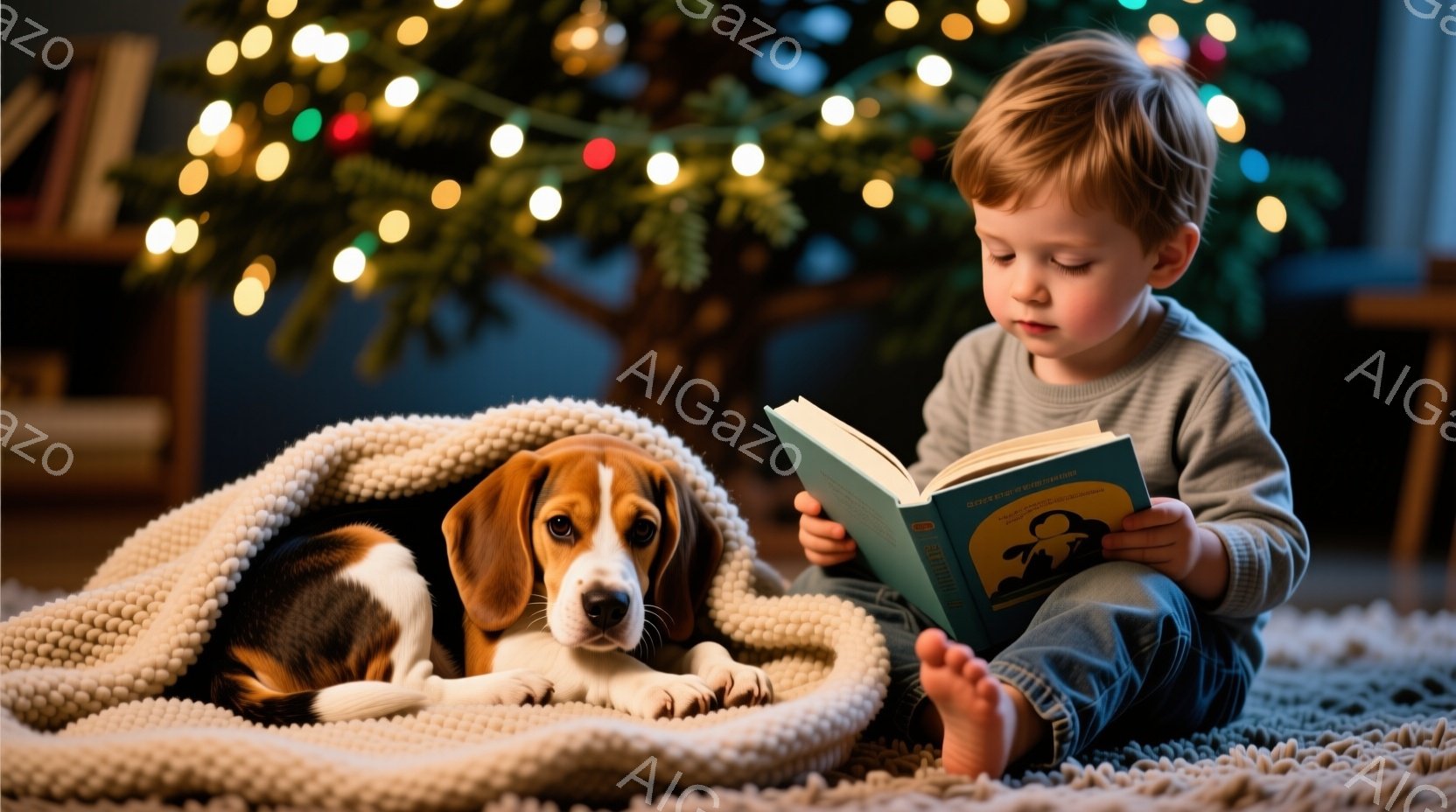 少年は床に座り、膝の上に開いた本を熱心に読んでいる。茶色の毛並みのビーグル犬が少年の横に寄り添い、リラックスした様子でこちらを見ている。背景にはクリスマスツリーが飾られており、暖かく家庭的な雰囲気が漂 - AI生成フリー素材
