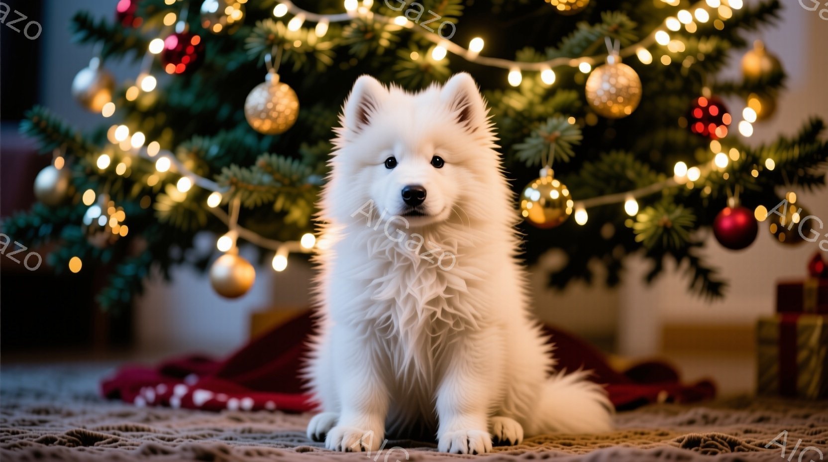 白い毛並みの犬が、クリスマスツリーの前で座っています。犬は前足を揃え、まっすぐ前を見ており、可愛らしい表情をしています。背景には飾り付けられたクリスマスツリーと、プレゼントが置かれた赤い布が見え、暖か - AI生成フリー素材