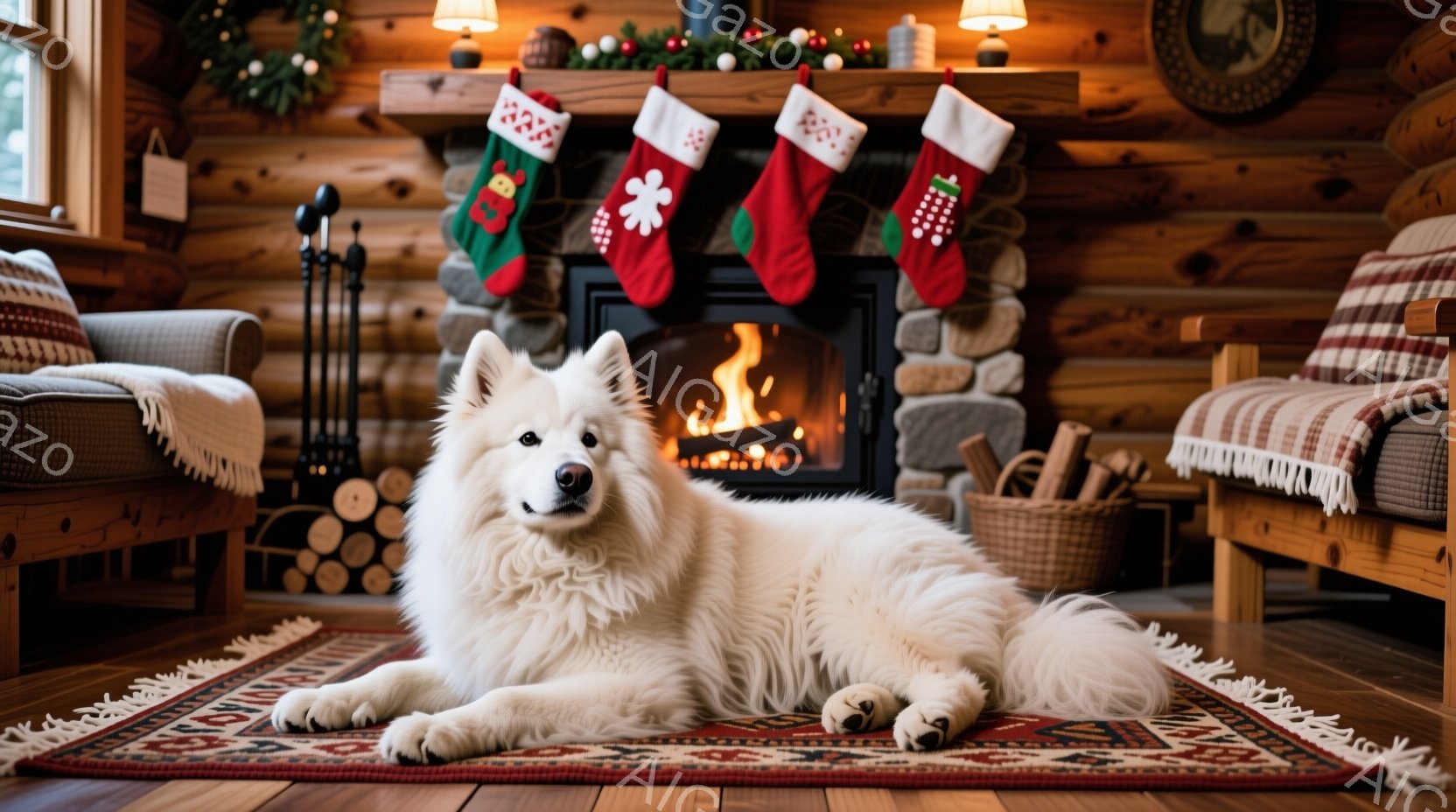 白い毛並みの大型犬が、ざっくりとした編み物のブランケットの上でリラックスして横たわっています。背後には幹が太い木があり、暖かい光のイルミネーションで飾られています。地面は緑の草で覆われ、犬の近くには小 - AI生成フリー素材