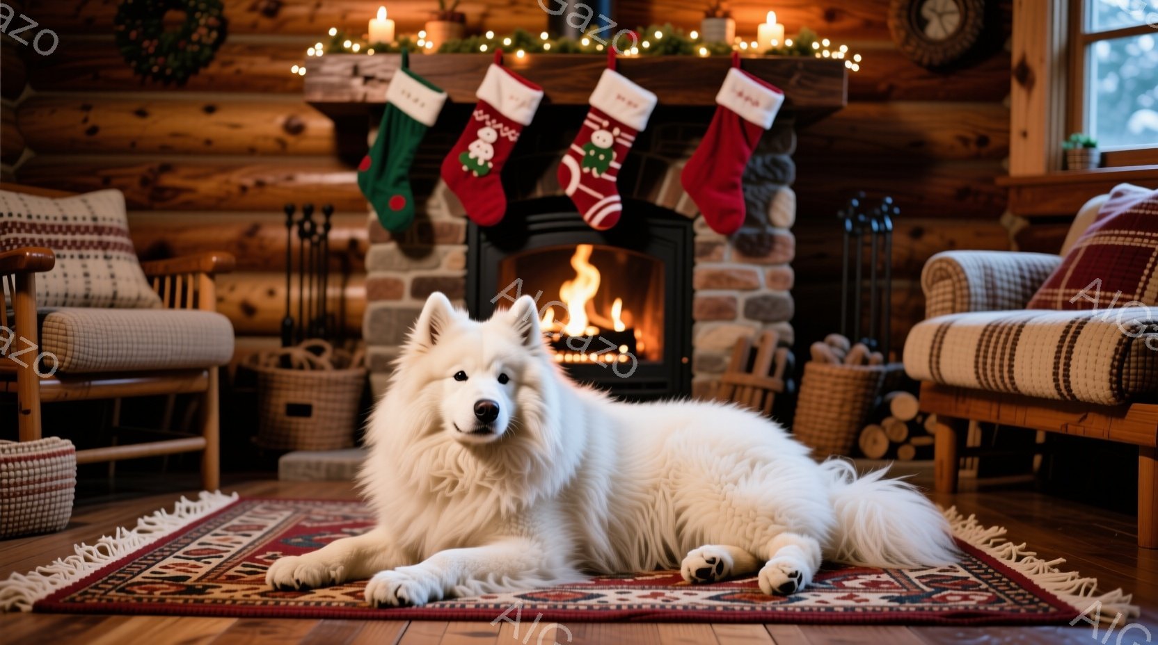 暖炉の前で白い毛並みの大型犬が、敷かれた絨毯の上でゆったりと横たわっています。暖炉には薪が燃え盛り、クリスマスソックスが飾られ、温かみのある光が部屋全体を包んでいます。木製の壁と家具が、居心地の良い、冬の風景を演出しています。