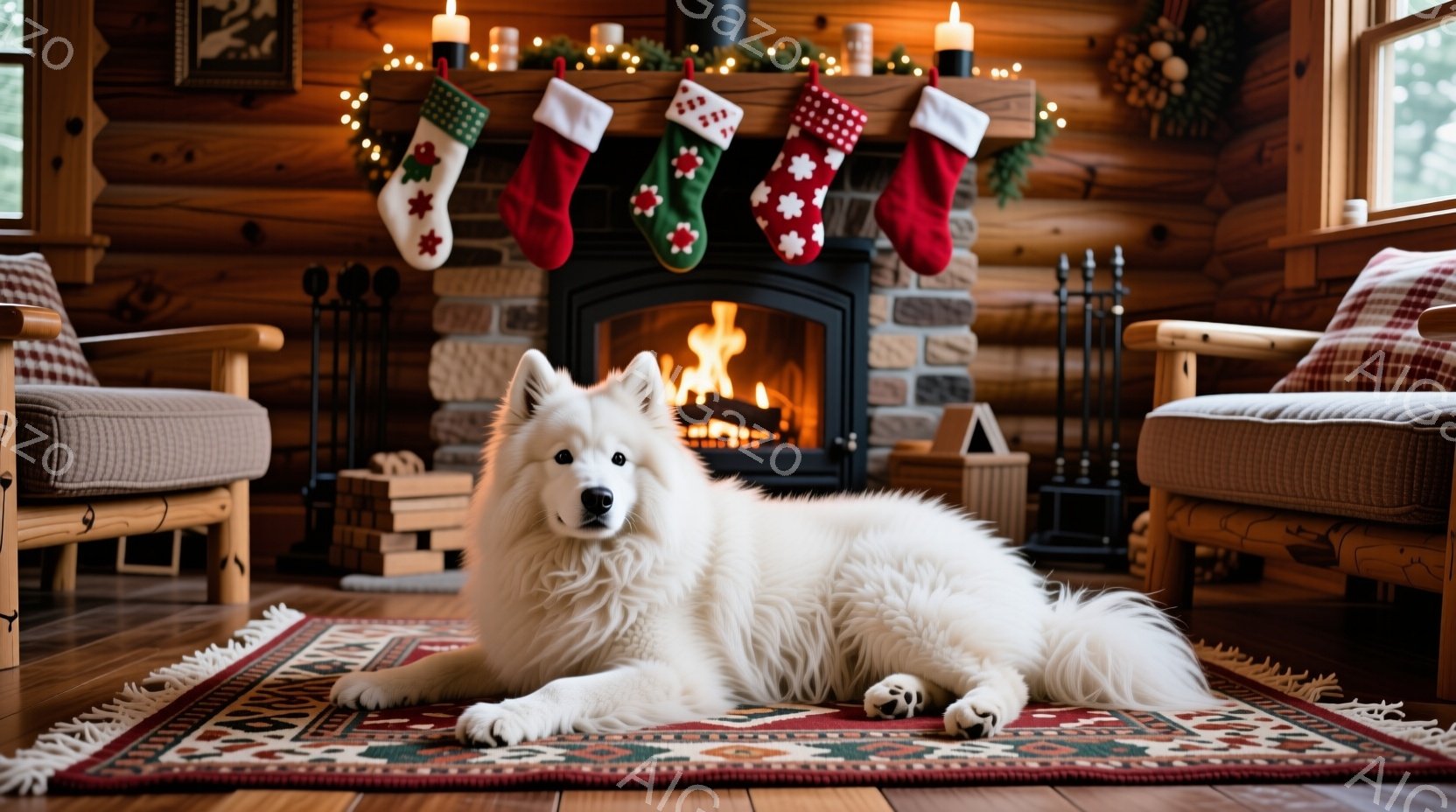 白い毛並みの大型犬が、暖炉の前にあるカラフルなラグの上で横たわっています。暖炉には火が灯り、クリスマスらしい赤い靴下が飾られています。木製の壁と椅子、そして窓から差し込む光が、暖かく居心地の良い冬の雰 - AI生成フリー素材