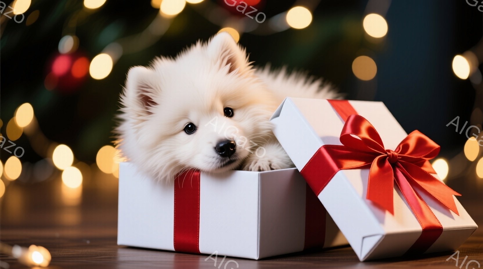 白いふわふわの犬が、赤いリボンで結ばれた白いギフトボックスの中に座っています。犬は少し顔を出しており、好奇心と無邪気さでいっぱいの表情をしています。背景はぼやけた暖かい色の光で、お祝いの雰囲気を醸し出しています。