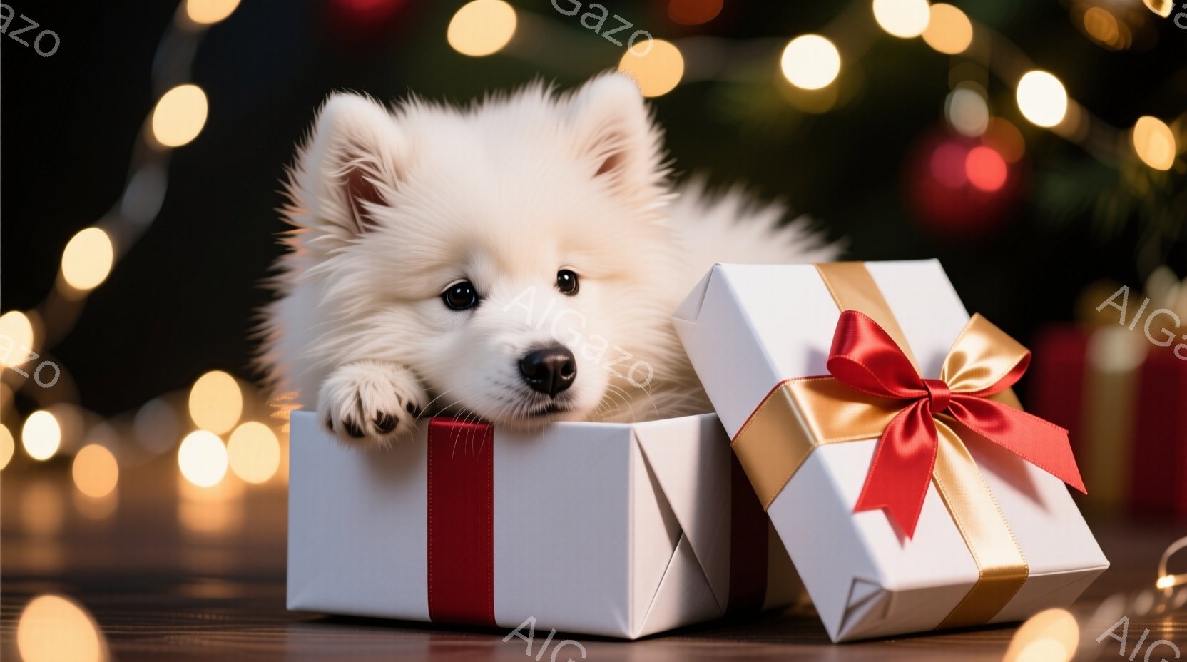 白い毛並みの小さな犬が、赤いリボンと金色の縁取りが施された白いギフトボックスの中に座っています。犬は前足を箱の縁に出し、好奇心と少しの戸惑いを湛えた表情でカメラを見つめています。背景にはぼやけた暖かい - AI生成フリー素材