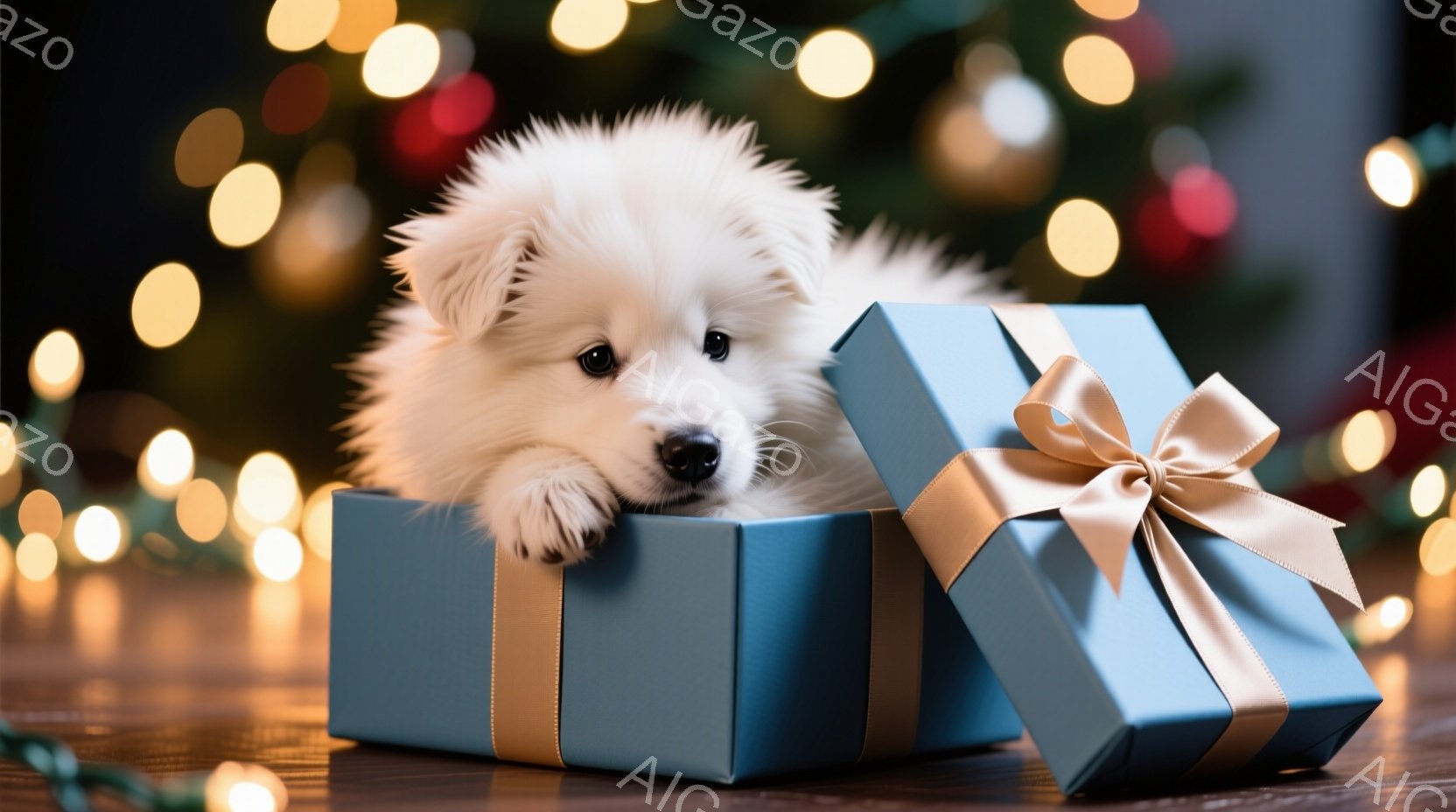 白い毛並みの小さな子犬が、明るい水色のギフトボックスに座ってこちらを見ています。箱には金色のリボンが結ばれており、背景にはぼやけた温かい光が点在しています。全体的に可愛らしく、お祝いの雰囲気が漂う写真 - AI生成フリー素材