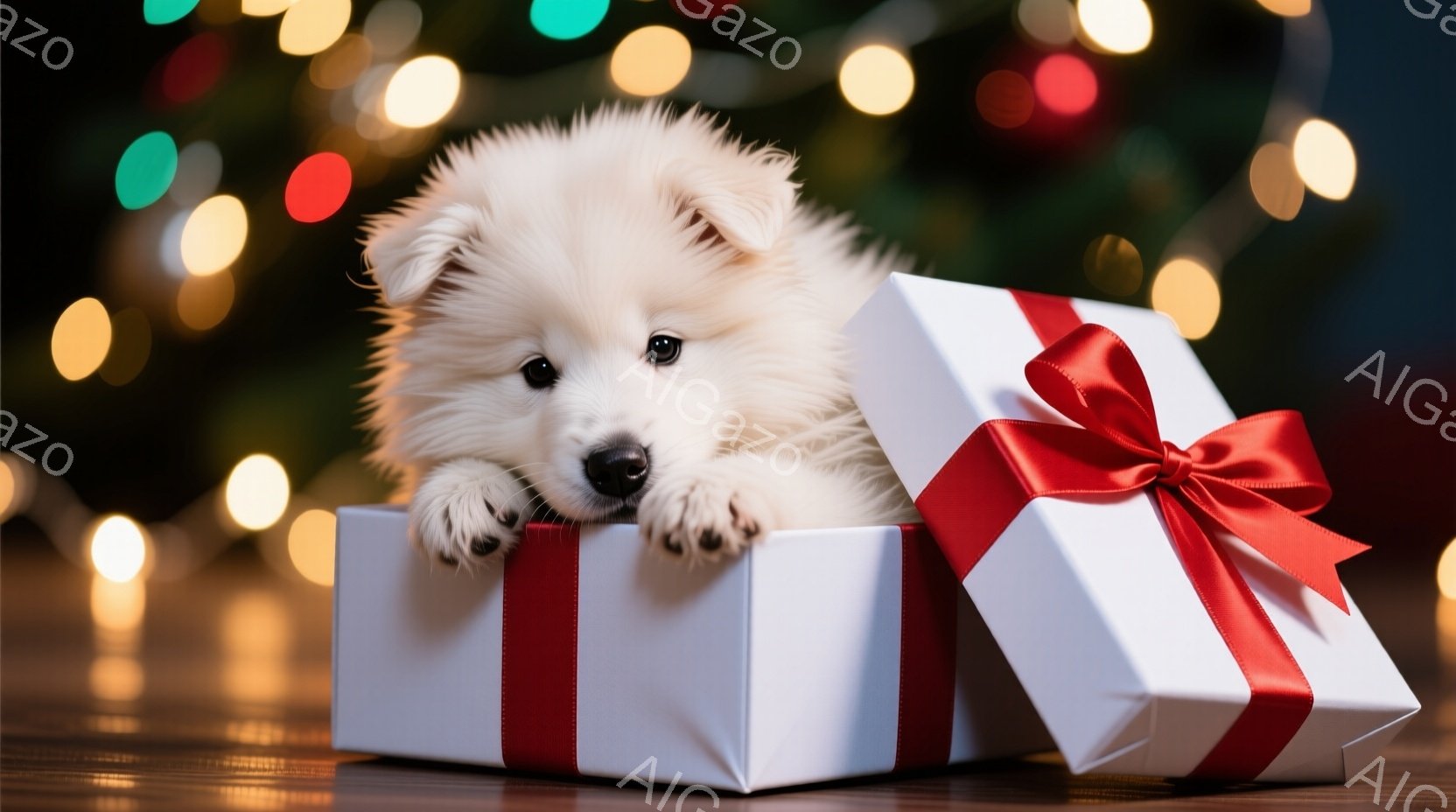 白いふわふわの子犬が、赤いリボンで結ばれた白いギフトボックスの中から顔を出しています。子犬は少し眠そうな顔をしており、前足を箱の縁にかけ、リラックスした様子です。背景には、ぼやけたカラフルな光が散りば - AI生成フリー素材