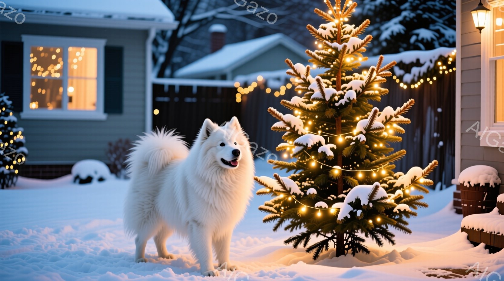 白い毛並みのシェパード犬が雪に覆われた庭に立ち、クリスマスツリーの横に寄り添っている。背景にはライトアップされたクリスマスツリーと、雪化粧した家屋が見え、暖かく穏やかな冬の雰囲気が漂っている。雪景色と温かい光のコントラストが、心安らぐ季節の情景を表現している。