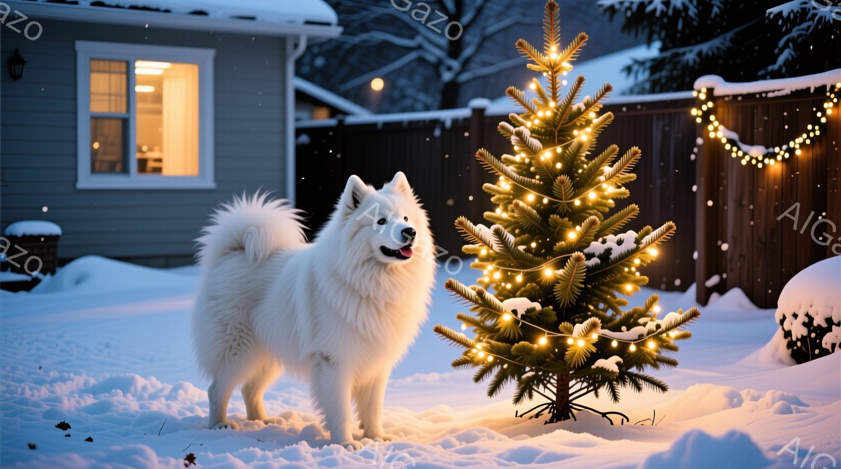 雪景色の中に、白い毛並みの大きな犬がクリスマスの飾られたクリスマスツリーのそばに立っている。犬は前方をまっすぐ見つめ、少し微笑んでいるように見える。背景には、雪に覆われた庭、木製の柵、そして温かい光が - AI生成フリー素材