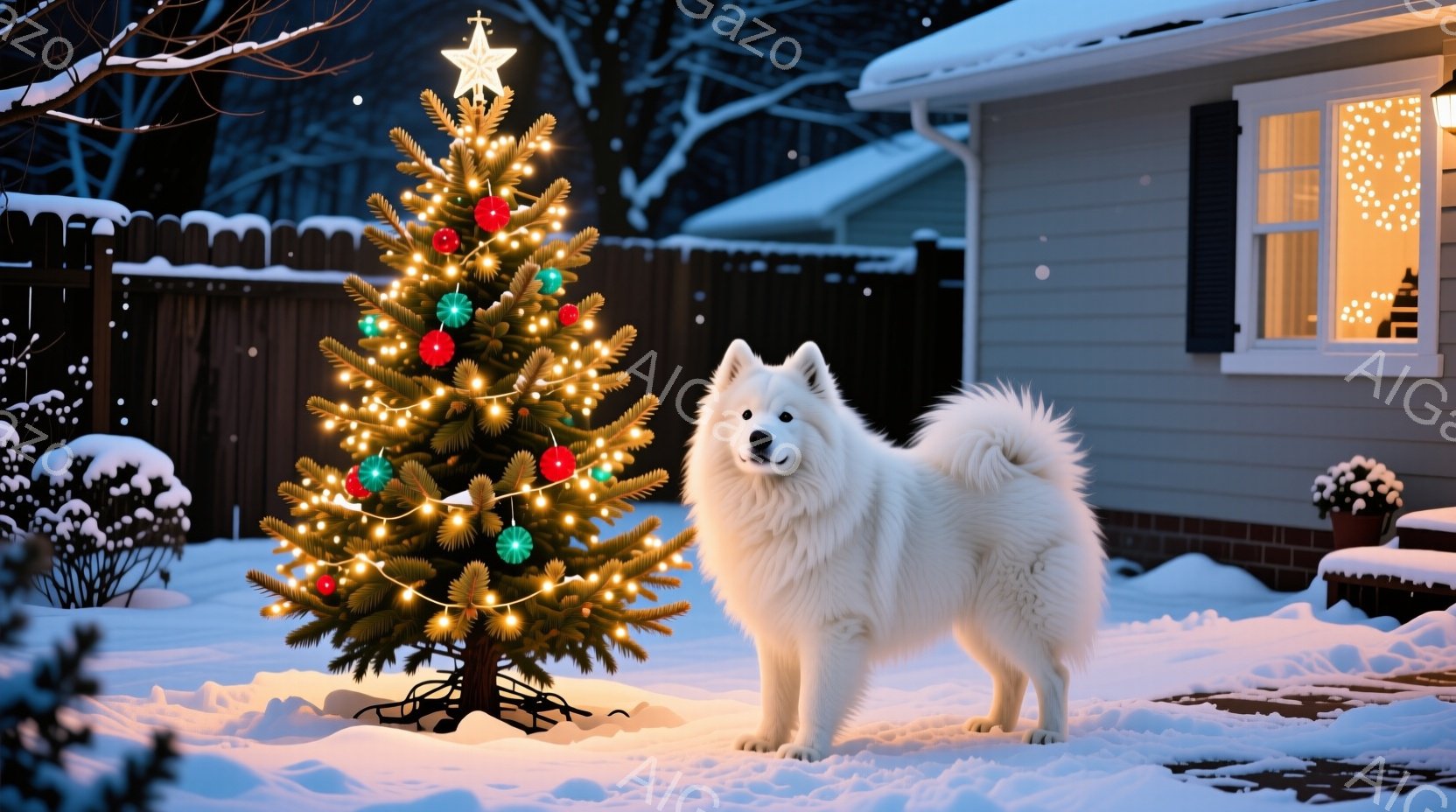 白い毛並みの大型犬が、雪景色の中に飾られたクリスマスツリーの傍らに凛々と立っている。背景には、温かい光を灯した家が見え、雪で覆われた庭とフェンスが広がり、冬の静寂と温かさを感じさせる。ツリーはカラフル - AI生成フリー素材