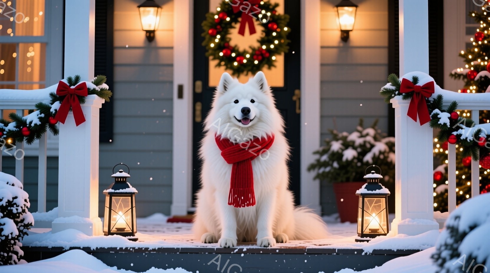 白い毛並みの大型犬が、クリスマスの飾り付けがされた家の玄関のステップに座っています。赤いストールを首に巻き、穏やかな表情で正面を見つめています。背景には、クリスマスリース、点灯したランタン、そして雪が - AI生成フリー素材