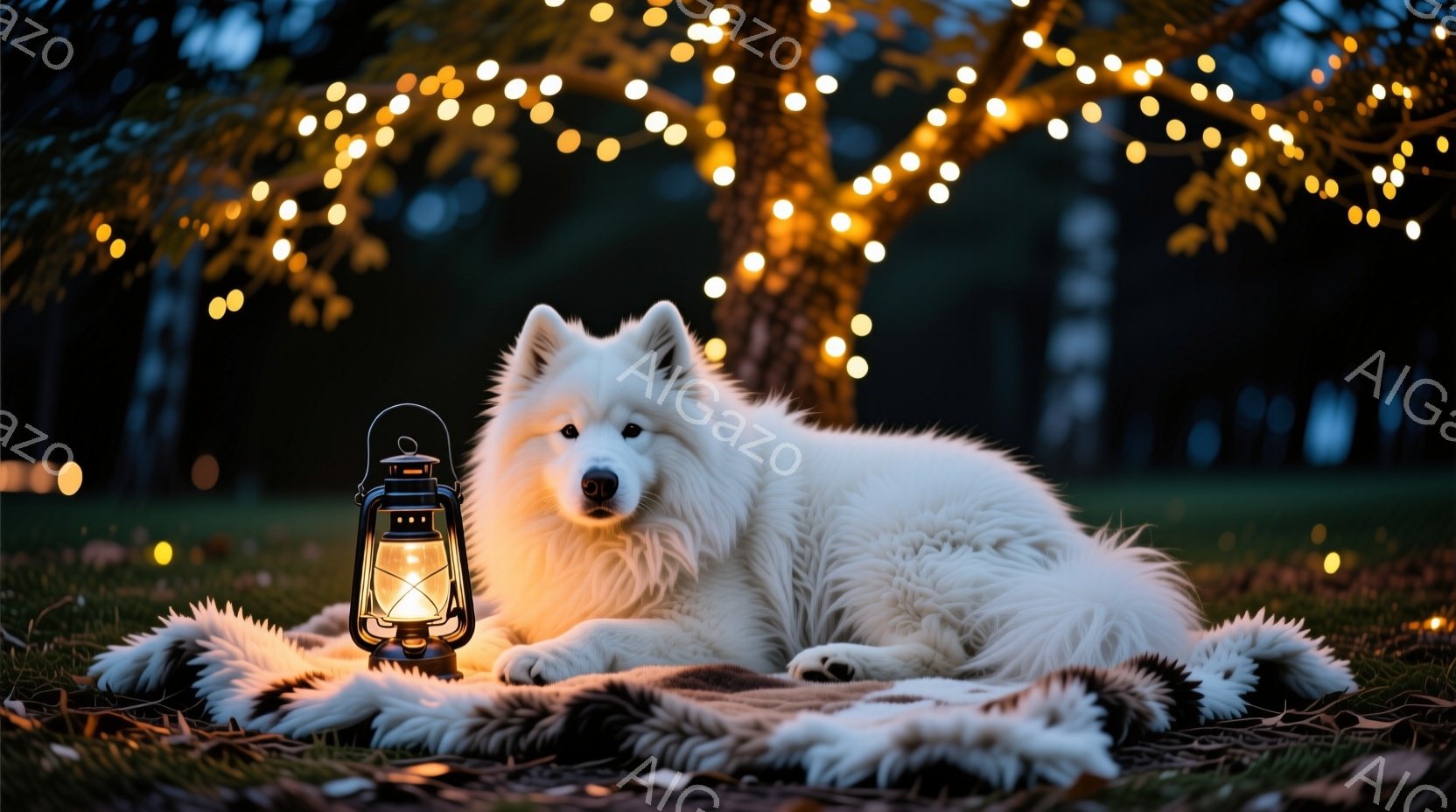 白い毛並みの大型犬が、茶色と白の毛皮のようなブランケットの上に横たわっています。背景には木があり、暖色の電飾で飾られており、幻想的な雰囲気を作り出しています。犬の周りには落ち葉が散らばり、穏やかで静謐な秋の夜の情景が描かれています。