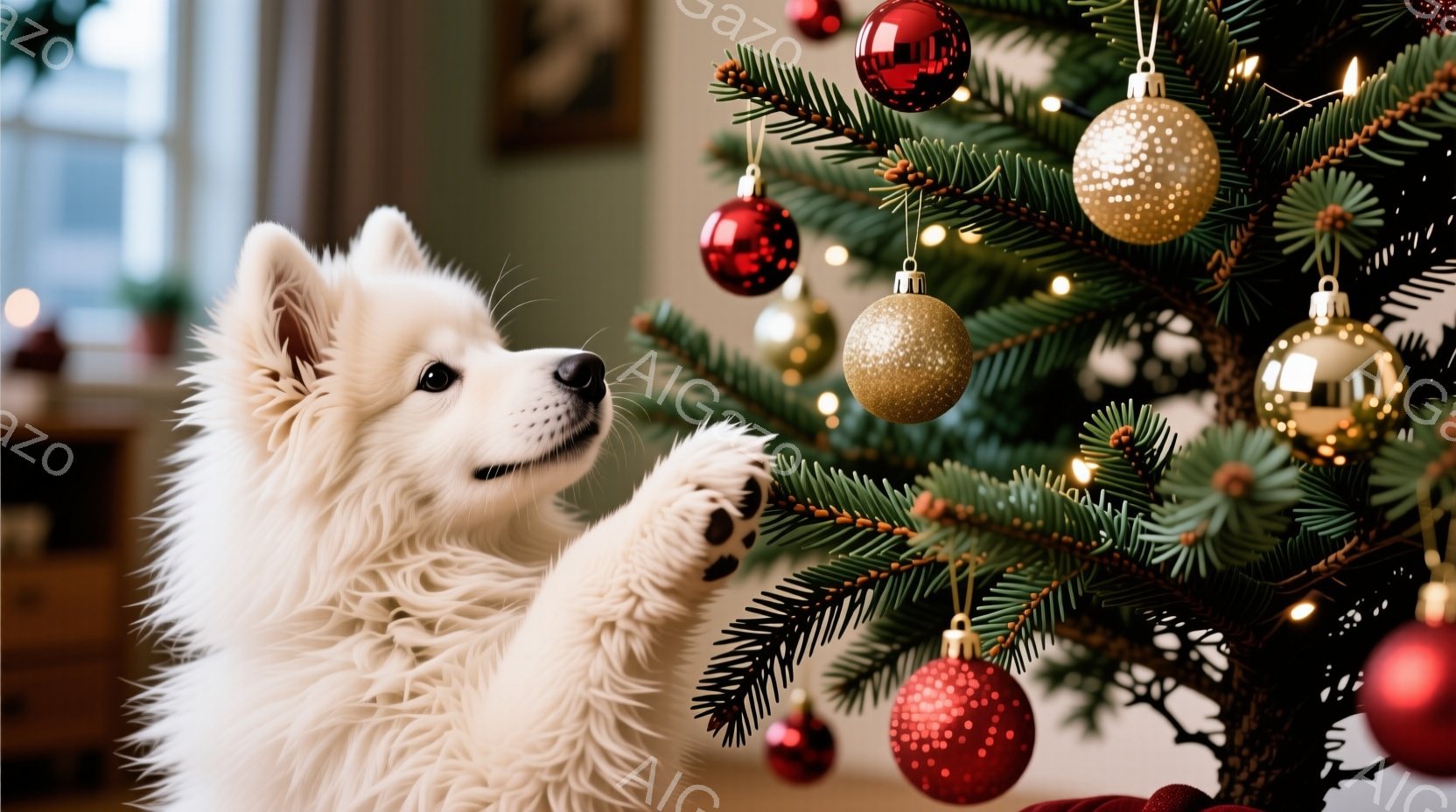 白い毛並みの犬がクリスマスツリーに手を伸ばし、赤い飾り玉を触れようとしています。ツリーは緑の葉でいっぱいで、赤い、金色の飾り玉が輝き、温かい雰囲気を醸し出しています。背景には暖炉が見え、クリスマスの穏 - AI生成フリー素材