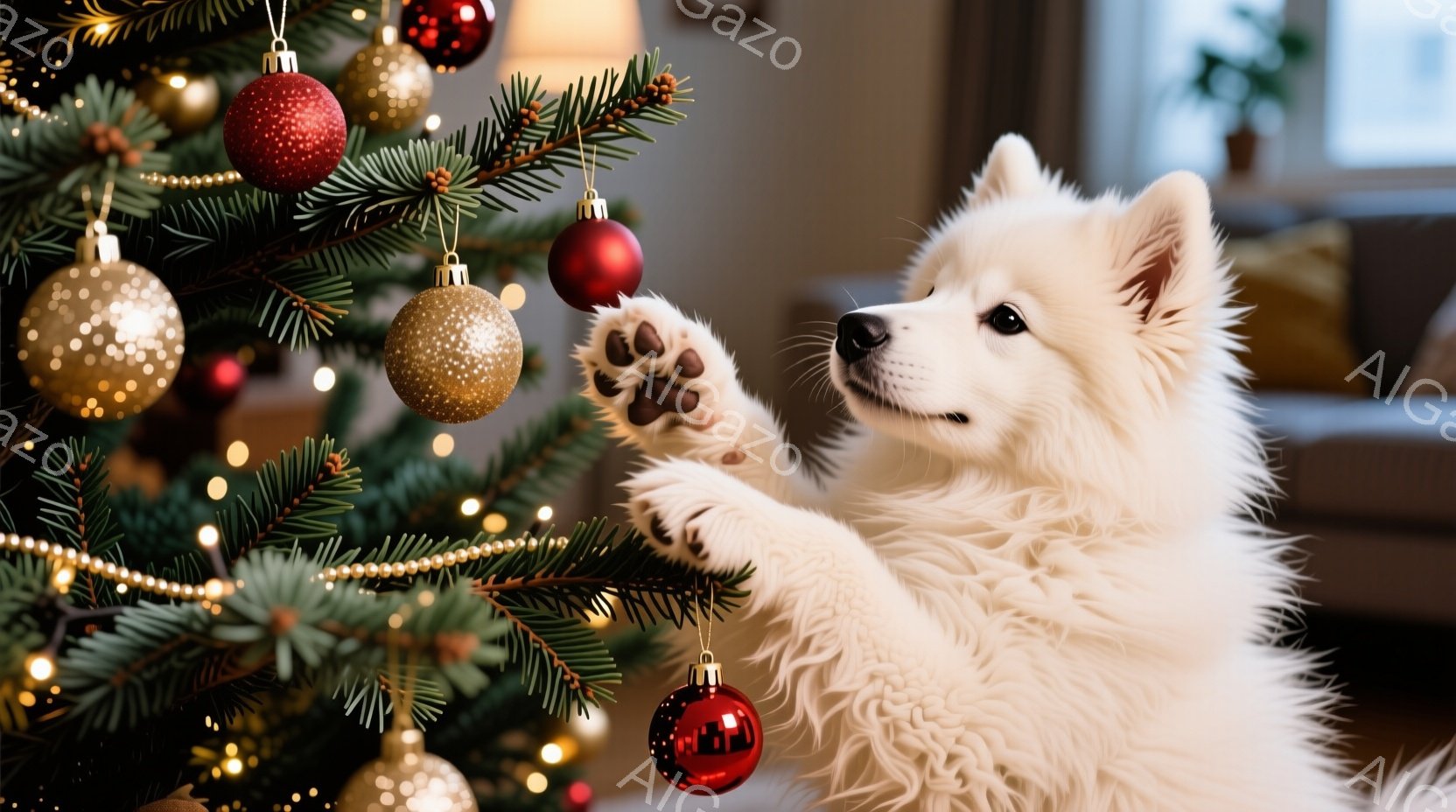 白い毛並みの犬がクリスマスツリーの枝に手を伸ばし、赤いオーナメントに触れようとしています。背景にはぼやけたリビングルームが見え、暖かく穏やかな雰囲気が漂っています。クリスマスの飾り付けがされ、冬の温か - AI生成フリー素材