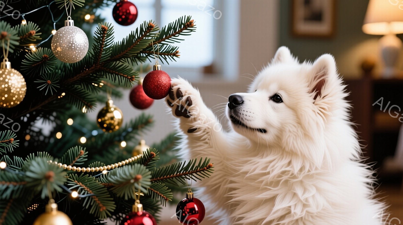 白い毛並みの犬がクリスマスツリーの枝に前足を伸ばし、赤いオーナメントに触れようとしています。ツリーは様々な色のオーナメントと電飾で飾られており、背景は暖色系の壁で、穏やかで温かい雰囲気が漂っています。 - AI生成フリー素材