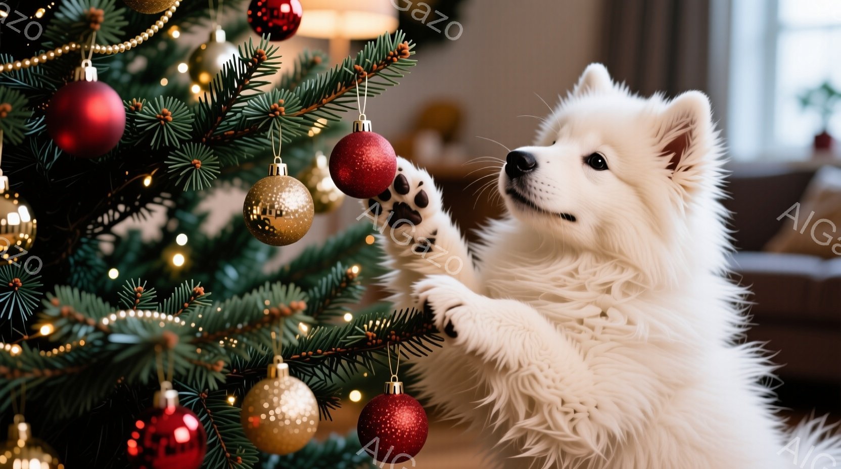 白い毛並みの犬がクリスマスツリーに興味津々で前足を伸ばし、赤いオーナメントに触れようとしています。ツリーは赤、金、銀の輝くオーナメントで飾られ、暖かい光が灯っています。背景にはぼんやりとした室内が見え - AI生成フリー素材