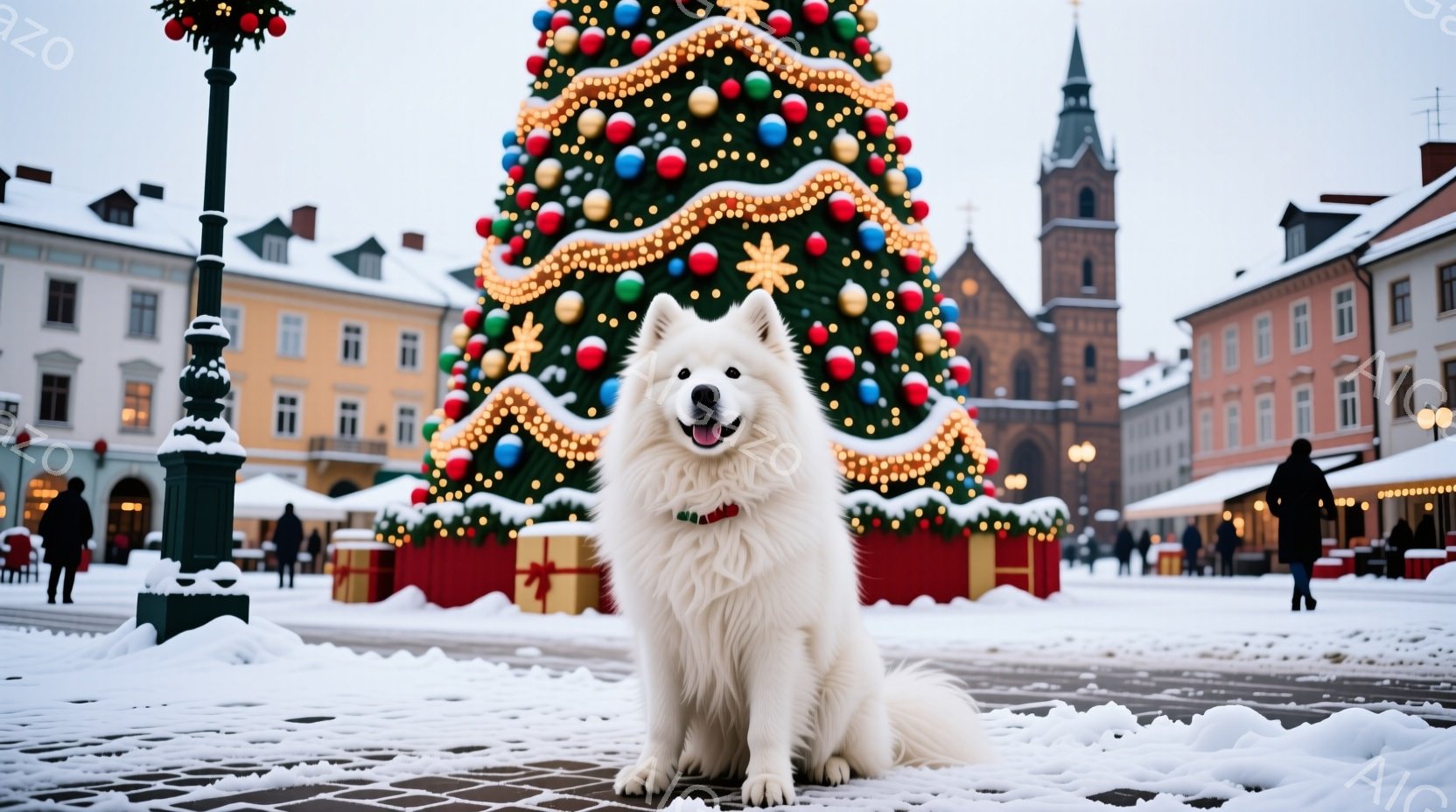 白い毛並みの大きな犬が、クリスマスツリーの前で座ってこちらを見ています。背景には、雪で覆われた石畳の広場、カラフルな建物、そして尖塔を持つ教会が見え、クリスマスのイルミネーションが輝いています。全体的 - AI生成フリー素材