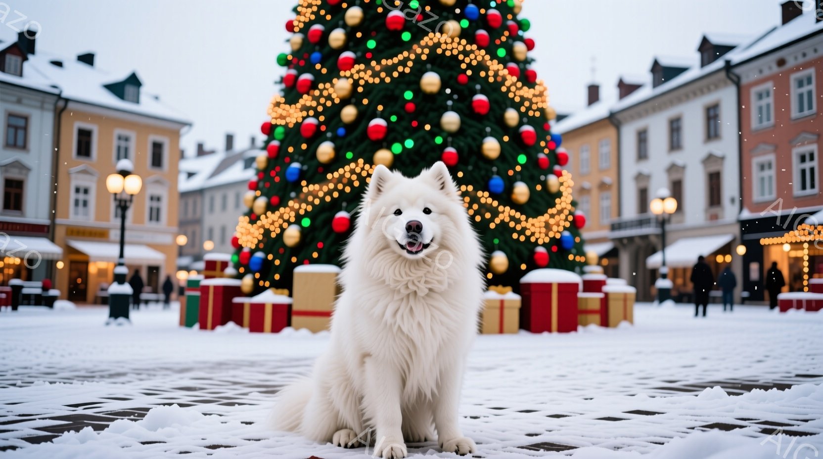 白い毛並みの大きな犬が雪に覆われた広場に座っており、正面を見つめて穏やかな表情を浮かべている。背景にはクリスマスツリーが飾られ、赤いプレゼントボックスが並び、周囲にはヨーロッパ風の建物が立ち並んでいる - AI生成フリー素材