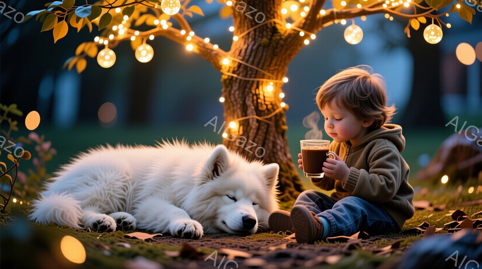少年は緑のセーターとジーンズを着て、地面に座り、湯気を立てるマグカップを手に持っています。白い毛並みの大型犬が少年の横で安らかに眠っており、背景には電飾で飾られた木が立ち並び、落ち葉が散らばっています - AI生成フリー素材