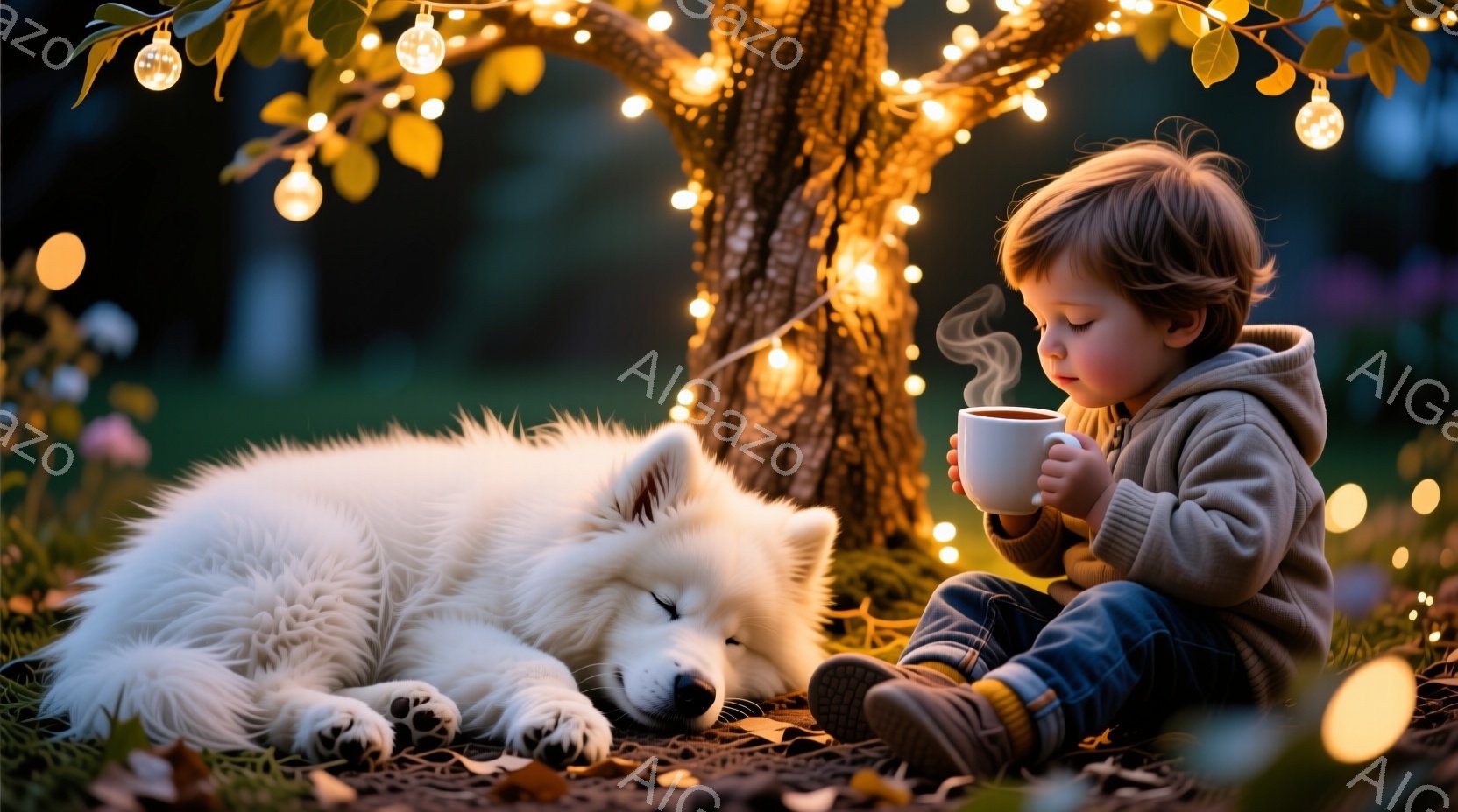 小さな男の子が地面に座り、湯気の立つマグカップを両手で抱えています。彼は茶色の髪で、暖かいベージュ色のパーカーとジーンズ姿で、リラックスした表情で目を閉じています。背景には、電球で飾られた木の根元で、白い毛並みの大きな犬が横たわり、落ち葉が敷き詰められた地面とぼんやりとした自然の背景が広がっています。