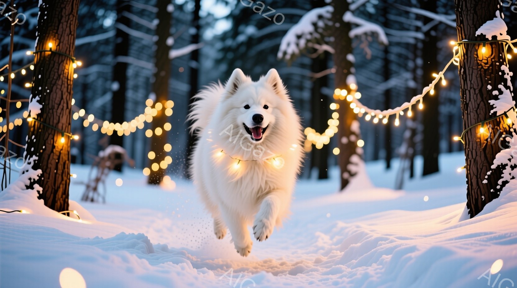 白い毛並みの大きな犬が雪の中を勢いよく駆け抜けている。周囲には雪に覆われた木々があり、犬の首にはキラキラと輝く電飾が巻き付けられている。雪が舞い、犬は嬉しそうな表情で、冬の暖かく幻想的な雰囲気を醸し出 - AI生成フリー素材