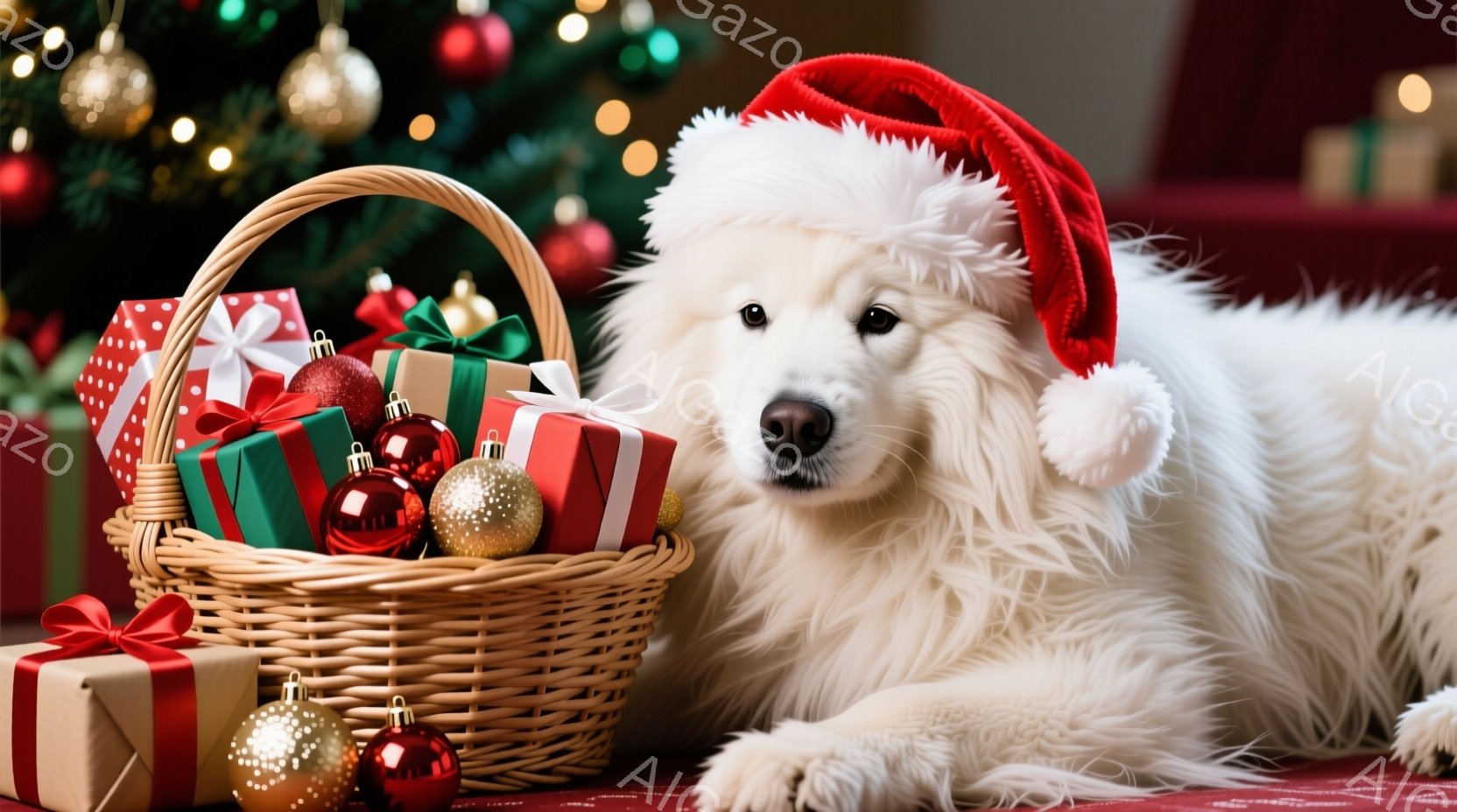 白い毛並みの犬が、赤いサンタの帽子を被って横たわっています。その隣には、カラフルなリボンで飾られたプレゼントがたくさん詰まったバスケットがあり、背景にはクリスマスツリーの光がぼんやりと見えます。暖かく - AI生成フリー素材