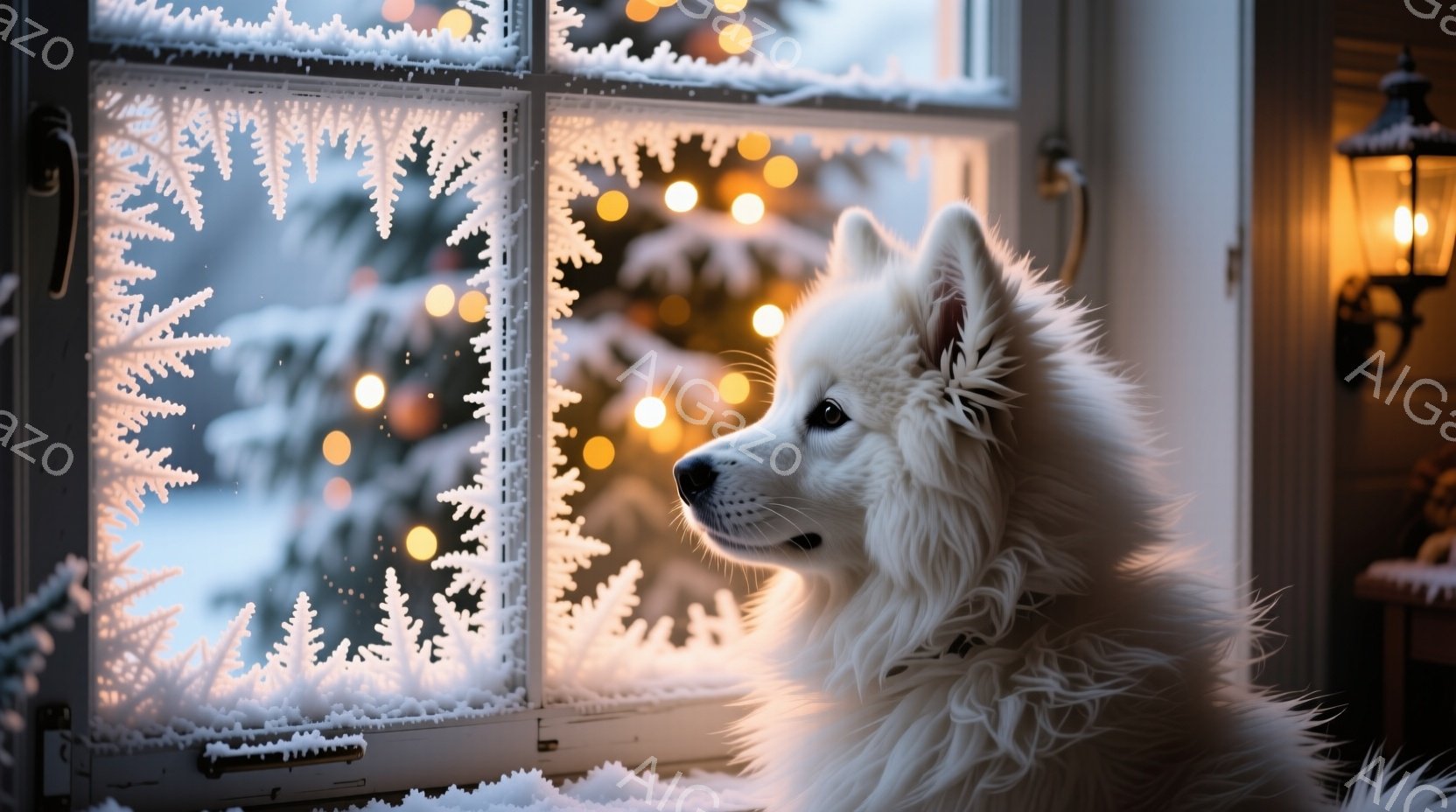 白い毛並みの犬が窓辺で外を眺めています。窓枠には雪の結晶が描かれており、外は雪景色で、ぼんやりと光るクリスマスツリーが見えます。暖かく穏やかな雰囲気で、犬は静かに冬の景色を堪能しているようです。