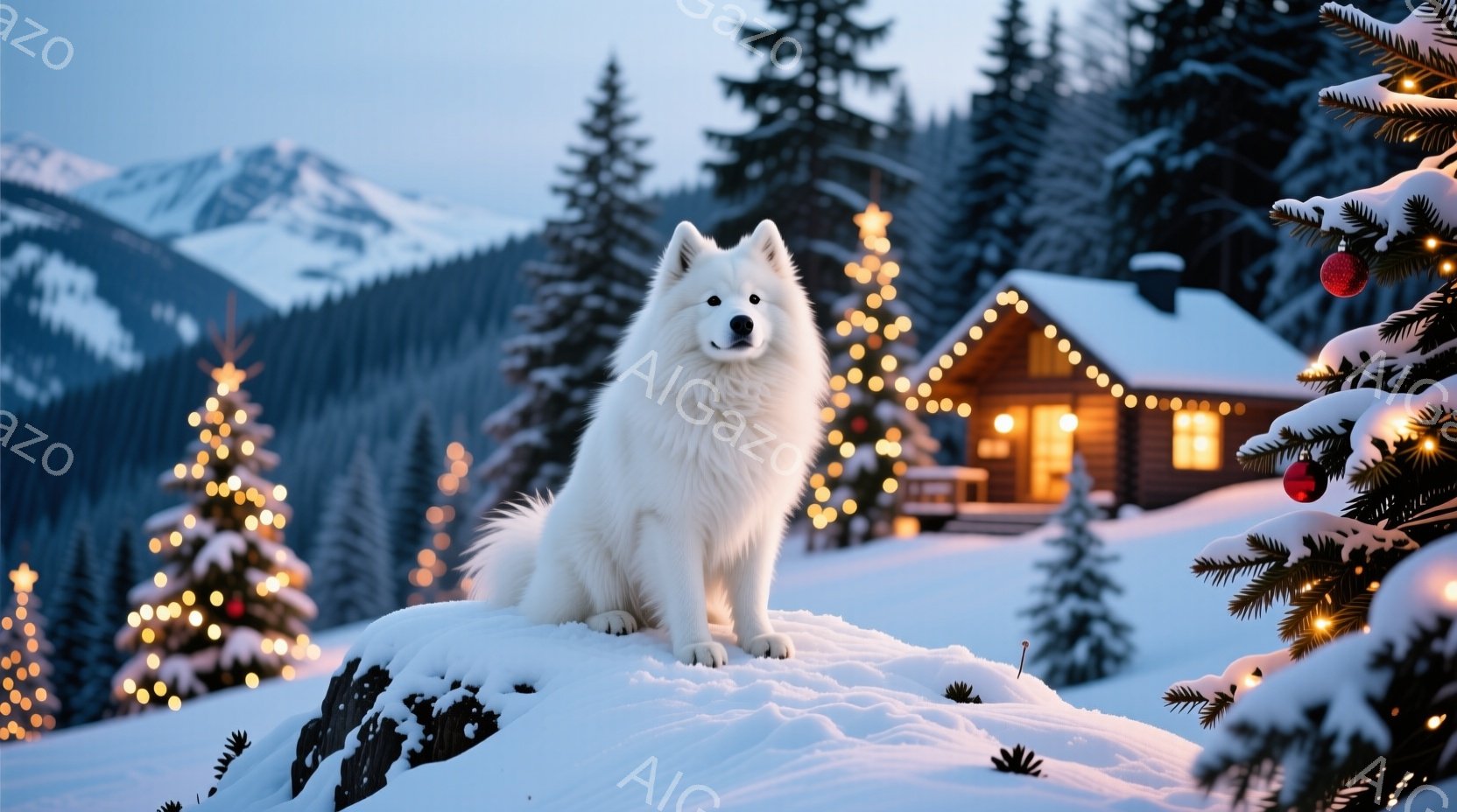 白い毛並みの大型犬が雪の丘の上に座っており、正面を見つめて穏やかな表情を浮かべている。背景には、クリスマスライトで飾られた可愛らしいログハウスと、雪に覆われた山々と針葉樹林が広がり、冬の暖かく幻想的な - AI生成フリー素材
