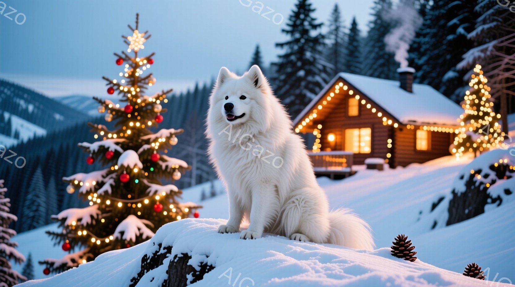 白い毛並みの大型犬が雪の丘の上に座っており、正面を向いて穏やかな表情を見せています。背景にはクリスマスツリーと、イルミネーションで飾られた暖炉のある木造の家があり、雪景色と相まって幻想的な冬の雰囲気を - AI生成フリー素材