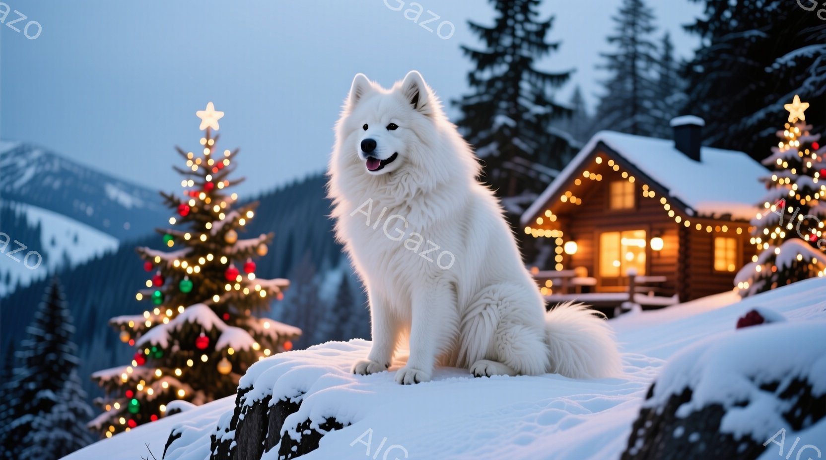 白い毛並みの大型犬が雪の上に座っており、穏やかな表情で正面を見つめている。背景にはクリスマスツリーで飾られたログハウスと雪をまとった山々が広がり、温かく幻想的な冬の風景を作り出している。雪はふっくらと - AI生成フリー素材