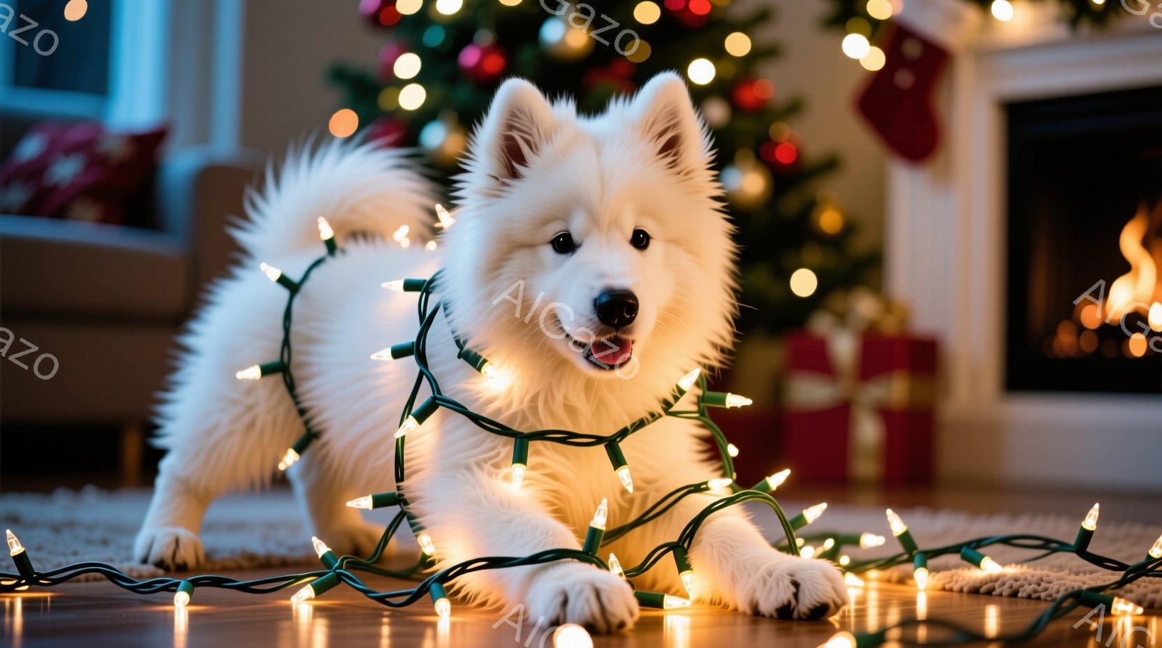 白い毛並みの犬が、クリスマスツリーのイルミネーションライトに絡まって床に横たわっています。犬は口を開けて微笑んでおり、リラックスした表情をしています。背景にはクリスマスツリーと暖炉があり、温かく、お祝いの雰囲気です。