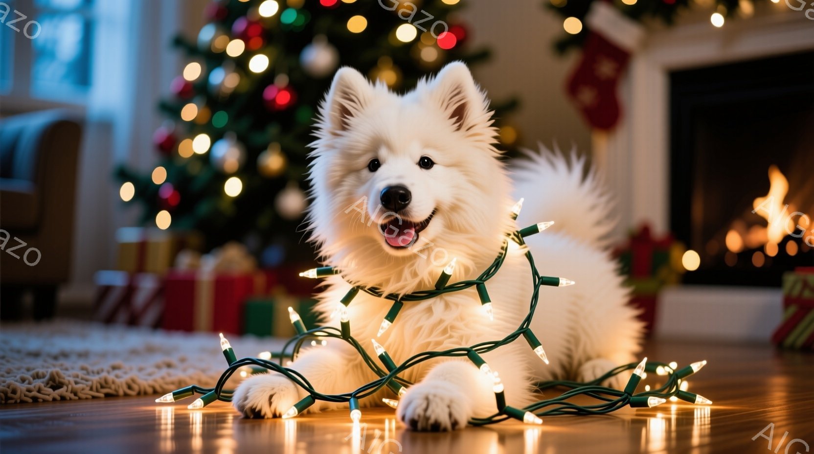 白い毛並みの大きな犬が、クリスマスツリーの周りの電飾に覆われ、床に横たわっています。犬は口を開けて笑顔を見せ、リラックスした様子が伺えます。背景には、点灯したクリスマスツリーと暖炉があり、温かくお祝い - AI生成フリー素材