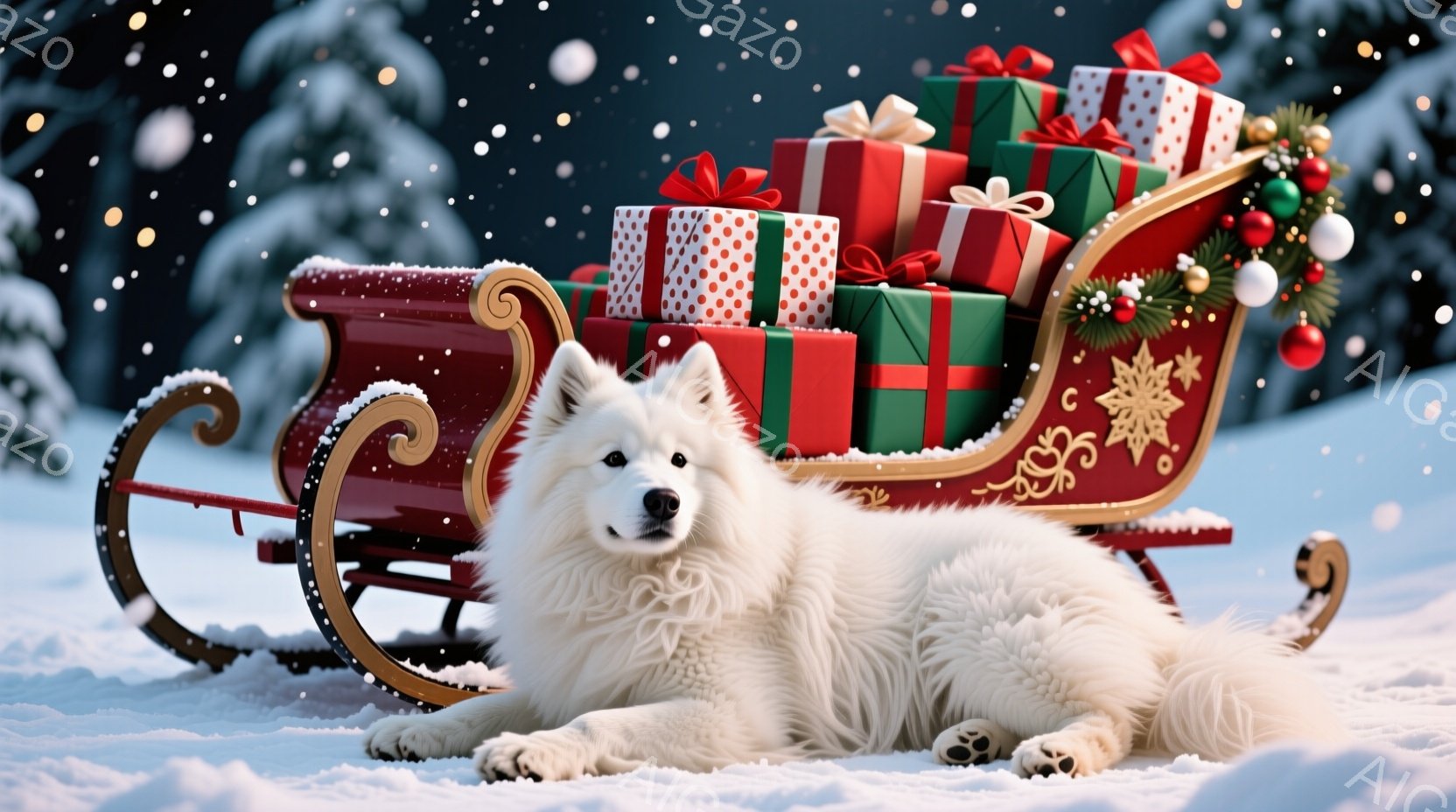白い毛並みの大型犬が雪景色の中でそりに寄り添って横たわっています。そりは豪華な金色の装飾が施され、色とりどりのプレゼントでいっぱいになり、クリスマスツリーの飾りで華やかに彩られています。背景には雪に覆 - AI生成フリー素材