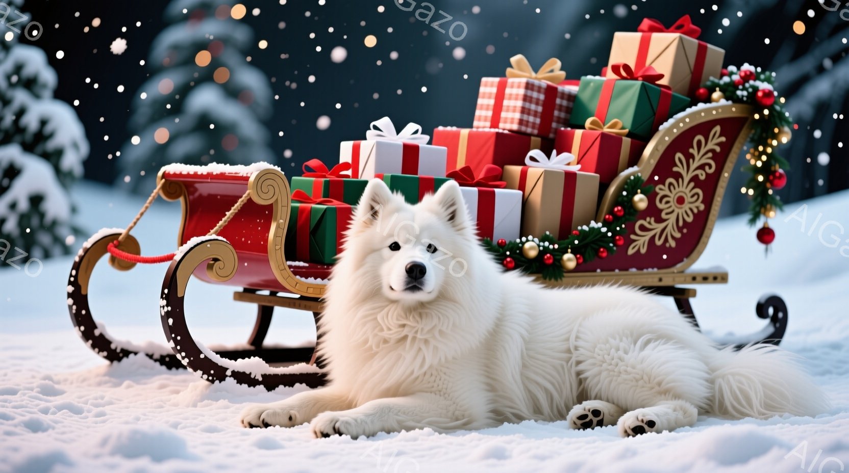 白い毛並みの大きな犬が雪の上に横たわっており、背景には赤いそりが大量のプレゼントでいっぱいになっています。犬はリラックスした表情で、雪景色の中に溶け込むように穏やかに横たわっています。そりは緑の松葉や赤い飾りで飾られ、雪が舞う冬の暖かく幻想的な雰囲気を醸し出しています。