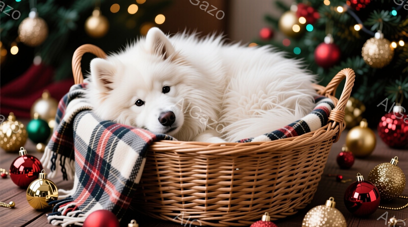 白い毛並みの犬が、チェック柄のブランケットが敷かれた編み込みの籠の中に丸まって眠っています。背景には、赤や金色のクリスマスオーナメントが散りばめられ、木々の緑が暖かな雰囲気を醸し出しています。全体的に - AI生成フリー素材