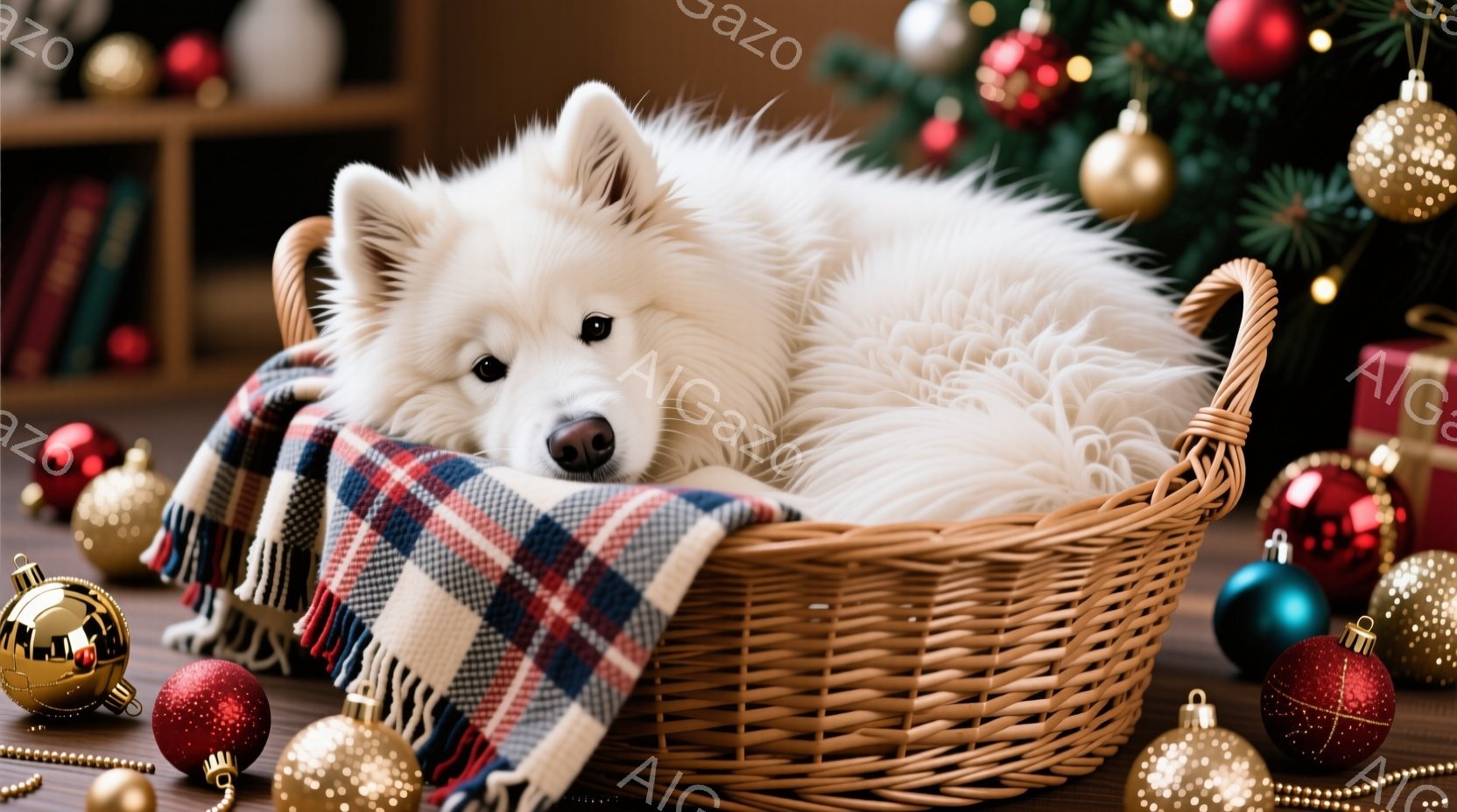 白い毛並みの犬が、チェック柄のブランケットを体に巻き付け、編み込みのバスケットの中に丸まって眠っています。背景にはクリスマスツリーや装飾されたオーナメントが散りばめられ、温かく穏やかなクリスマスの雰囲 - AI生成フリー素材