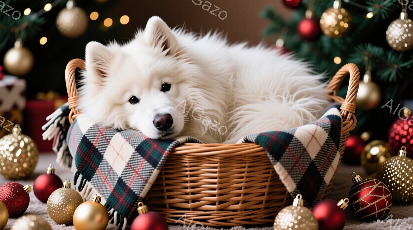 白い毛並みの大型犬が、木の床に横たわってこちらを見ています。背景には、赤いリボンとオーナメントで飾られたクリスマスツリーがあり、暖かく穏やかな雰囲気を醸し出しています。部屋全体が明るく、お祝いムードに包まれています。