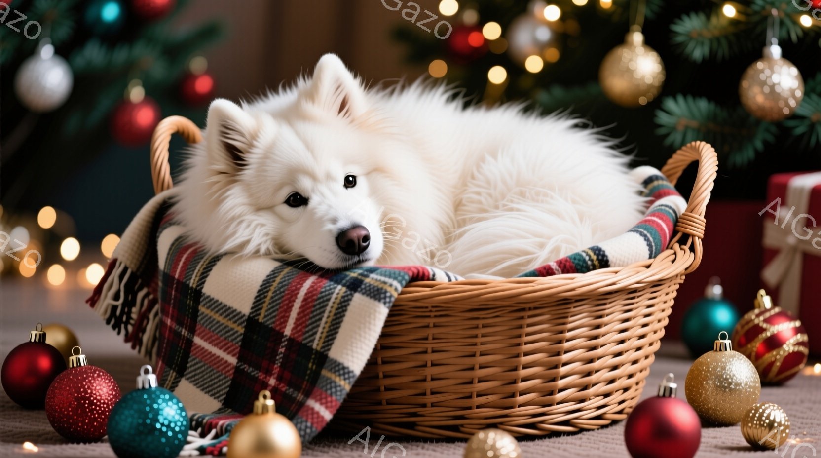 白い毛並みの犬が、チェック柄の毛布が敷かれた編み込みのバスケットの中に横たわっています。犬はリラックスした表情で、穏やかな雰囲気です。背景には、クリスマスツリーや装飾品が散りばめられ、温かく華やかなホ - AI生成フリー素材